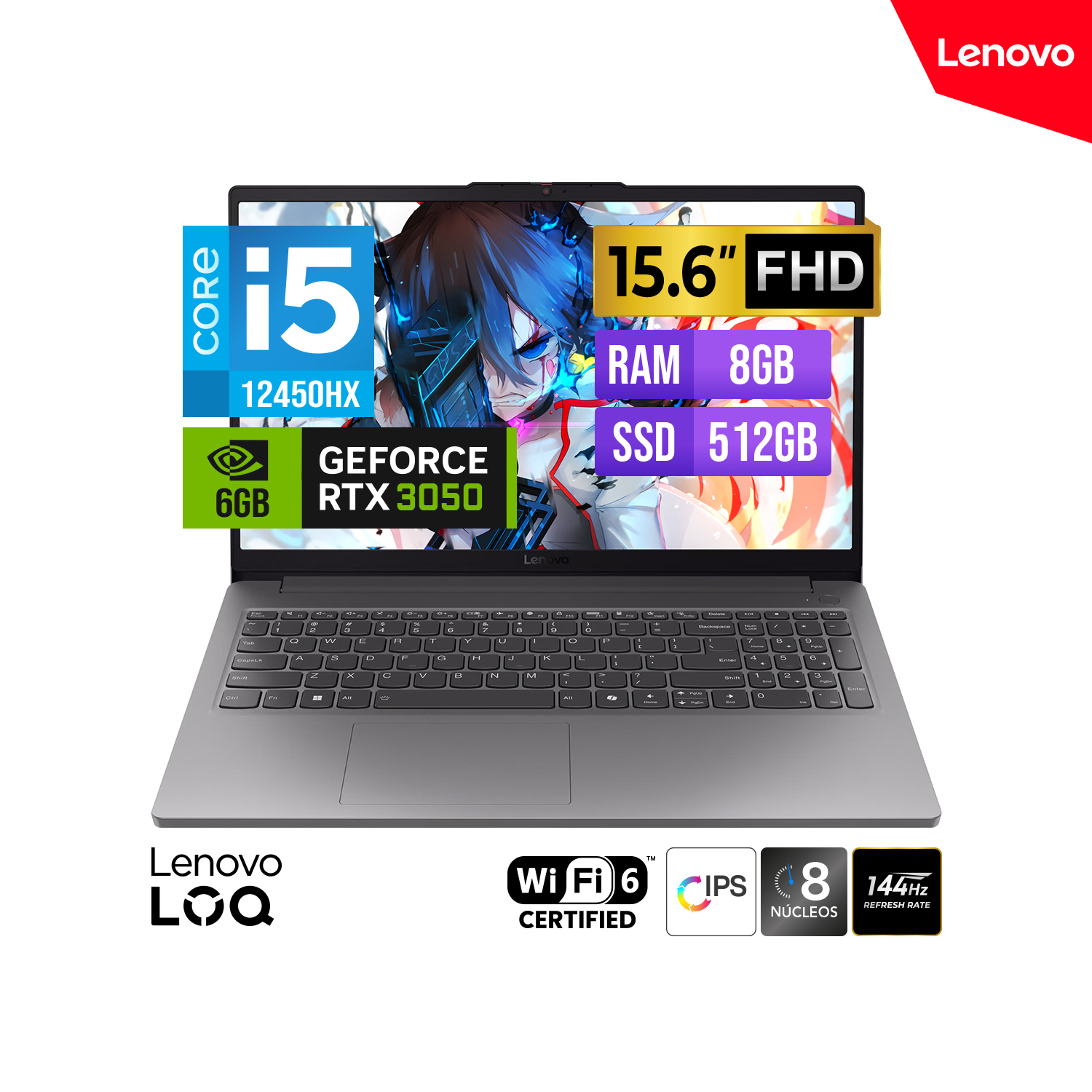 LAPTOP GAMER LENOVO LOQ CORE I5-12450HX 15.6 FHD 144HZ 8GB DDR5 512GB SSD GEFORCE RTX 3050 6GB FREEDOS - 1