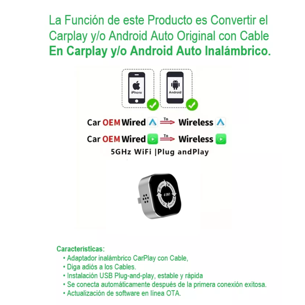 ADAPTADOR 4 EN 1 CARPLAY ANDROID AUTO INALÁMBRICO - ESPEJO PANTALLA AUTO - 8
