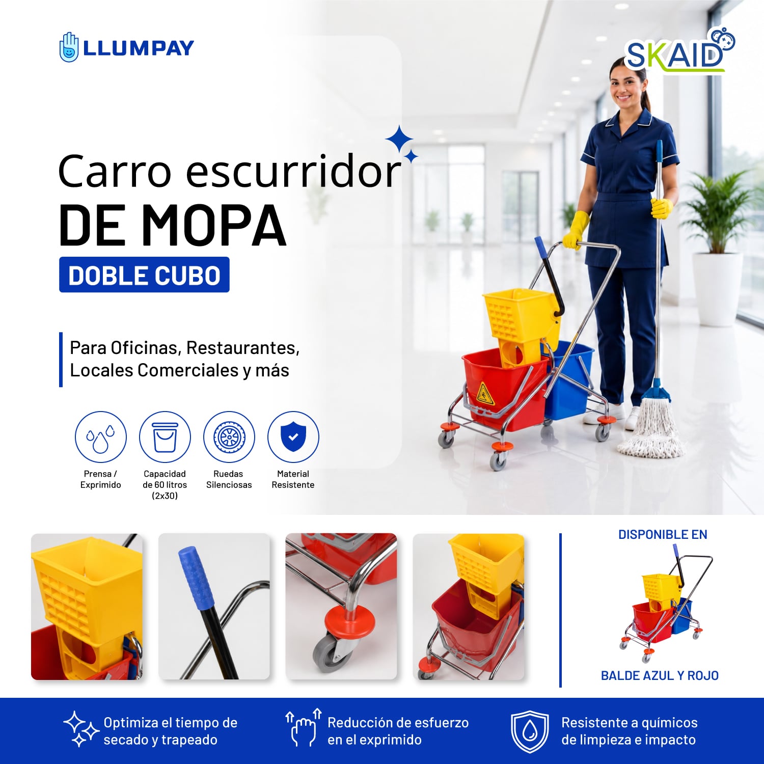 CARRO DE LIMPIEZA CON DOBLE DE CUBO ESCURRIDOR PARA HOTELES - 1
