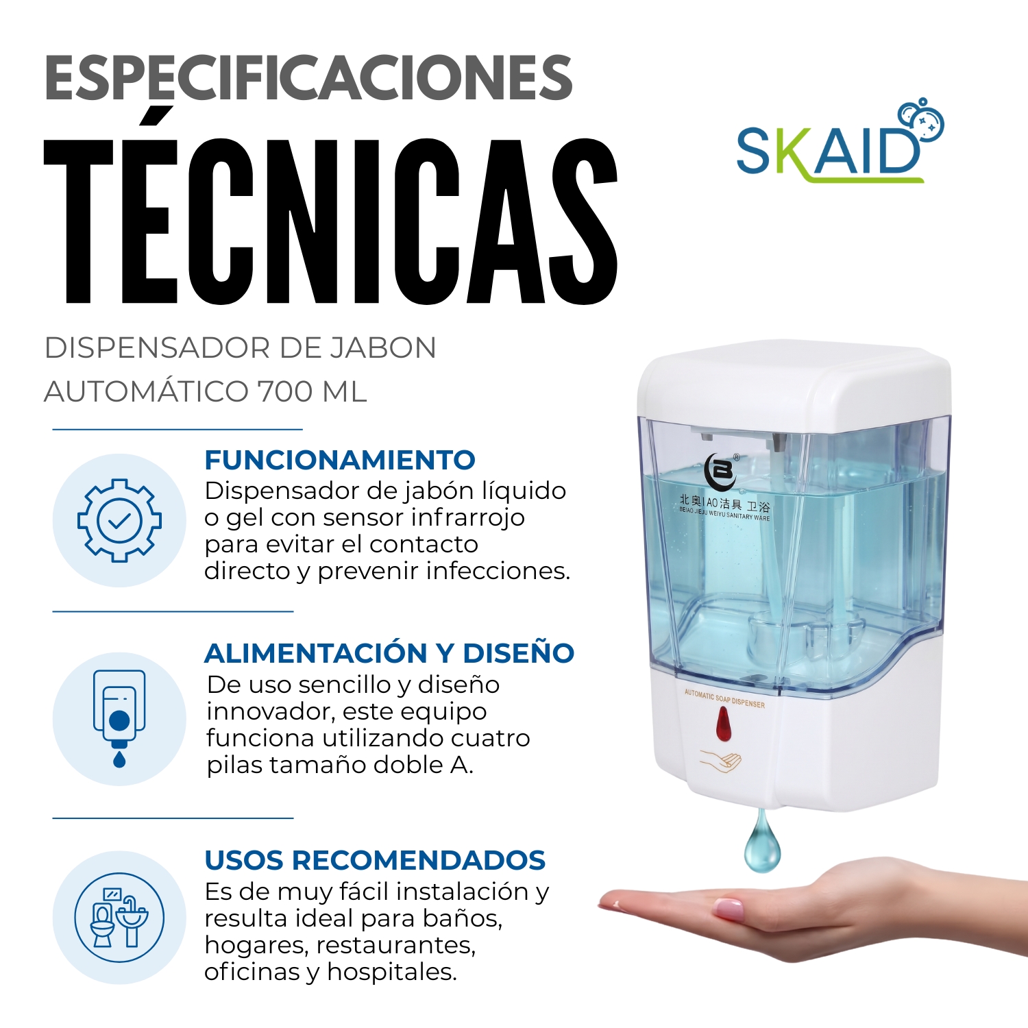 DISPENSADOR JABÓN LLUMPAY 235 BLANCO TRANSPARENTE AUTOMÁTICO 700 ML - 4