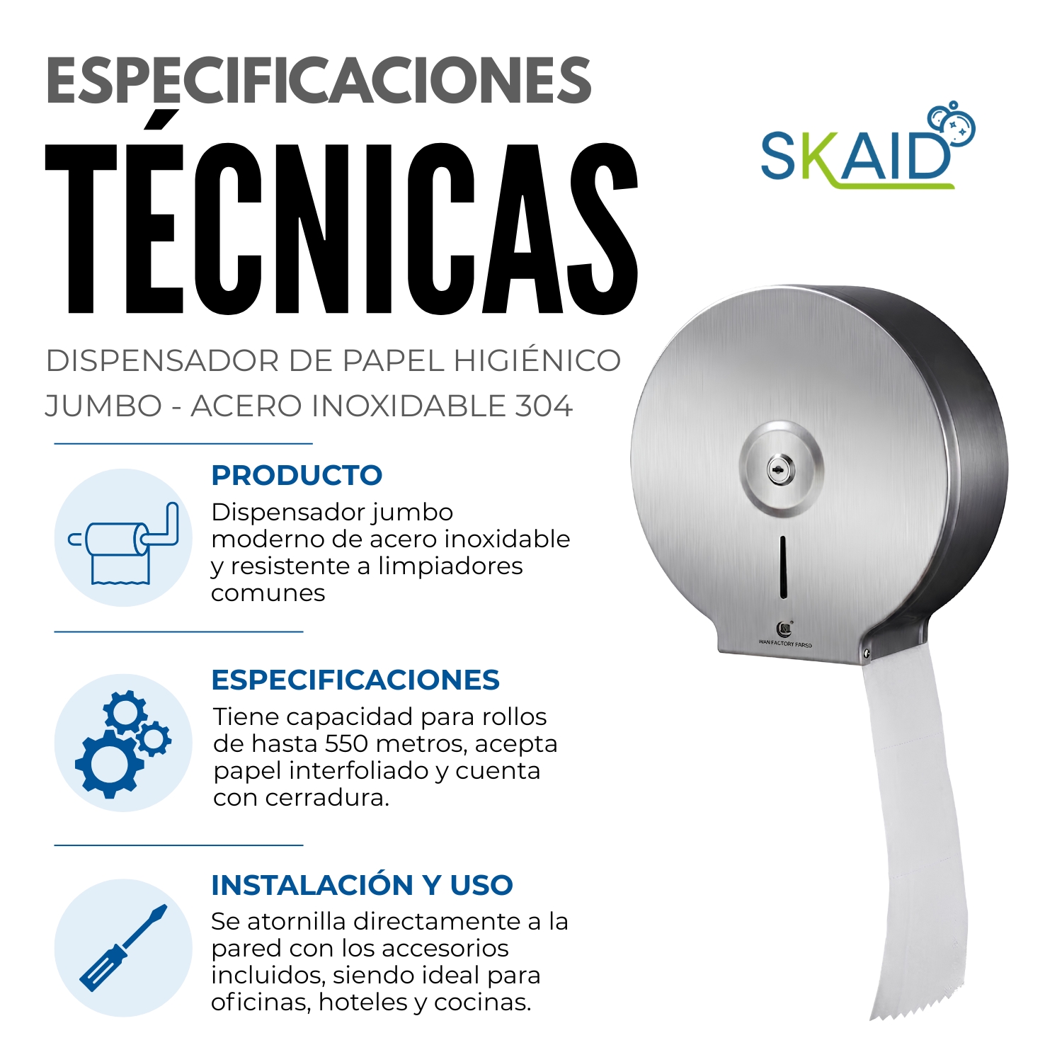 DISPENSADOR PAPEL HIGIÉNICO LLUMPAY 508A ACERO JUMBO INOXIDABLE 304 - 3