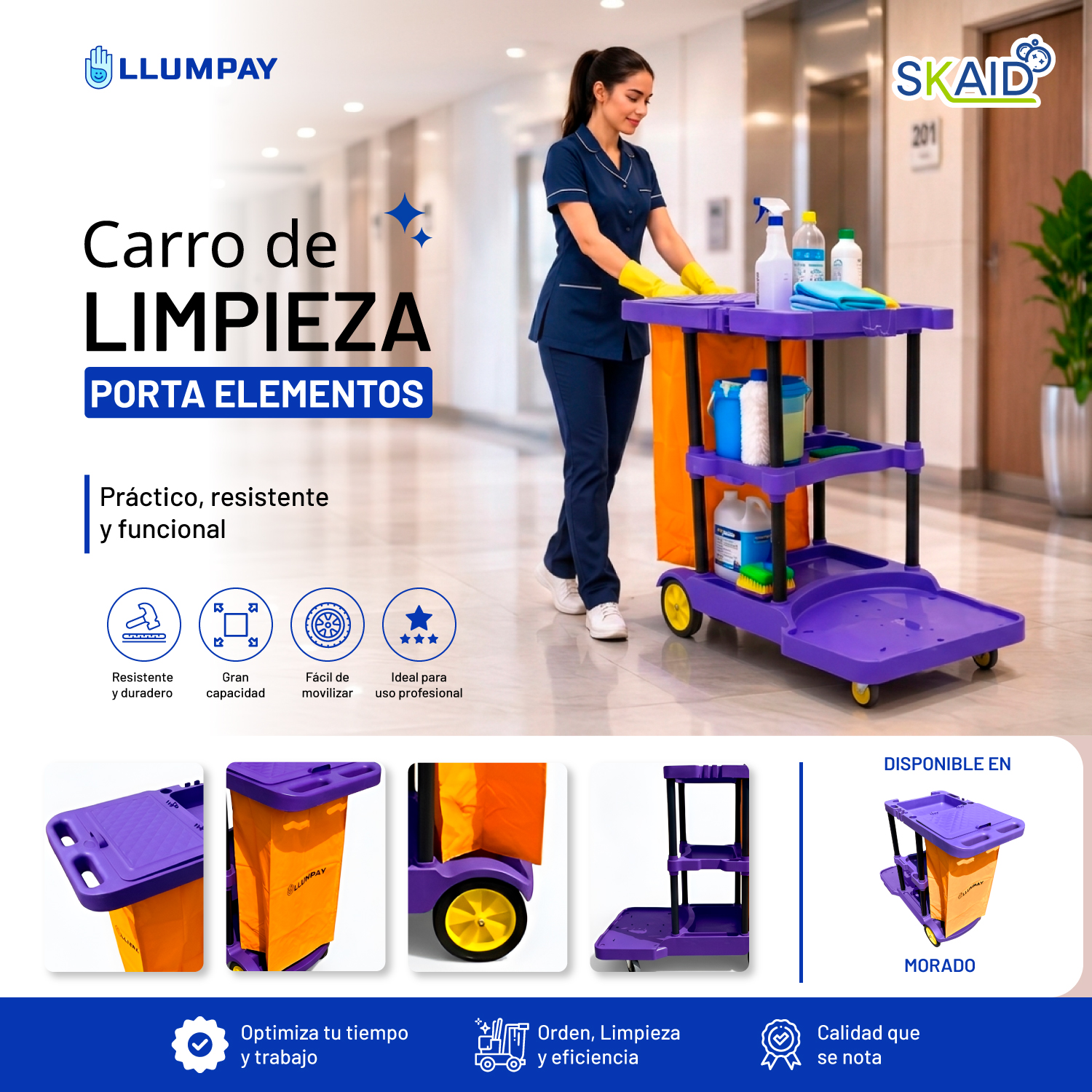 CARRITO DE LIMPIEZA MORADO PARA HOTELES, HOSPITALES, OFICINA, FÁBRICA - 1