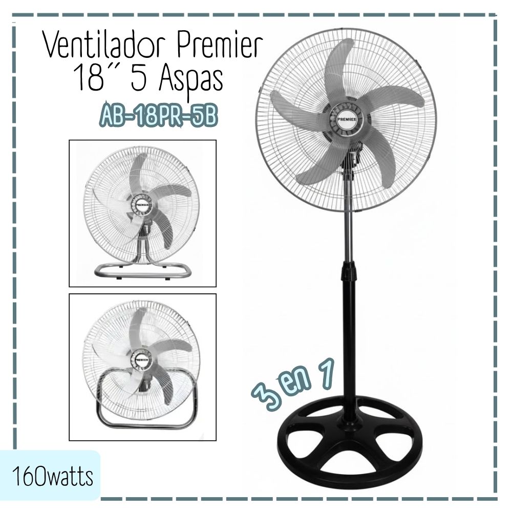 VENTILADOR DE PIE PREMIER AB-18PR-5B 160 WATTS 5 ASPAS PLATEADO - 1