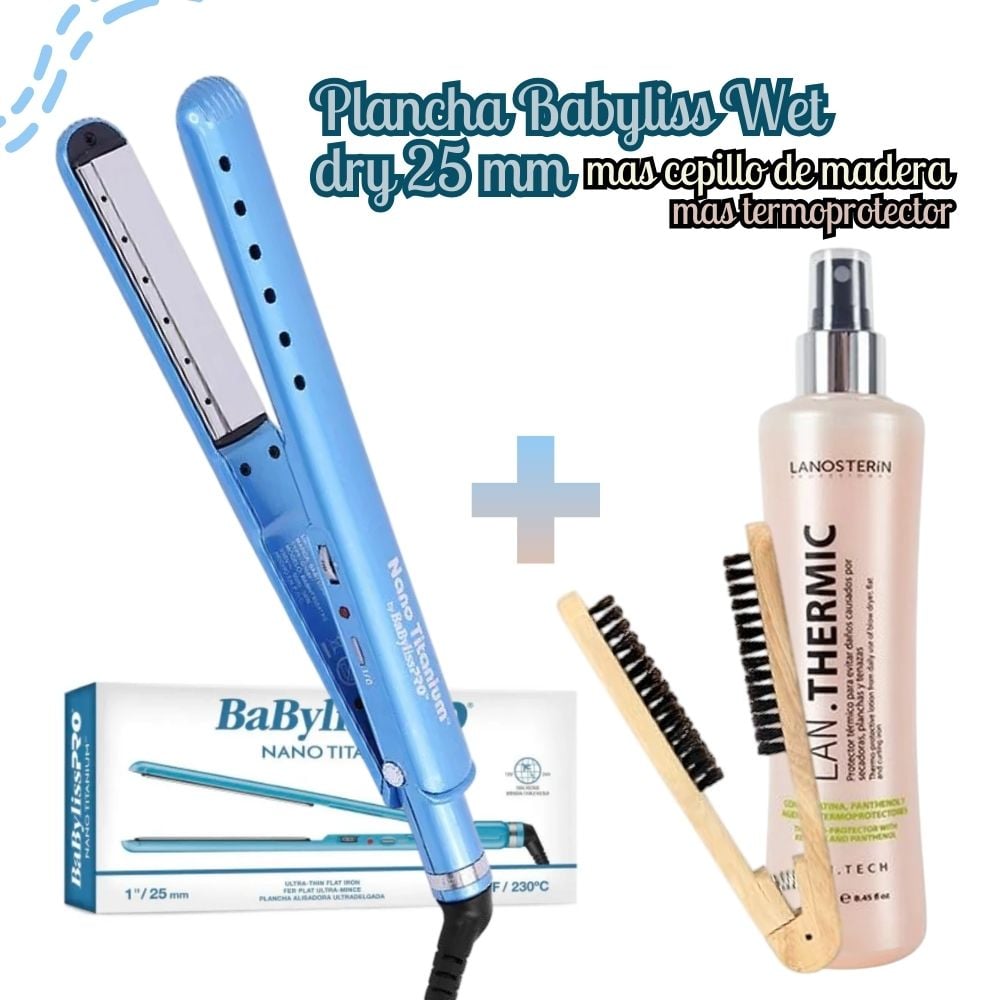 PLANCHA BABYLISS WET DRY 25 M + CEPILLO + TERMO PROTECTOR - BABNT9564TPE-TC - 1