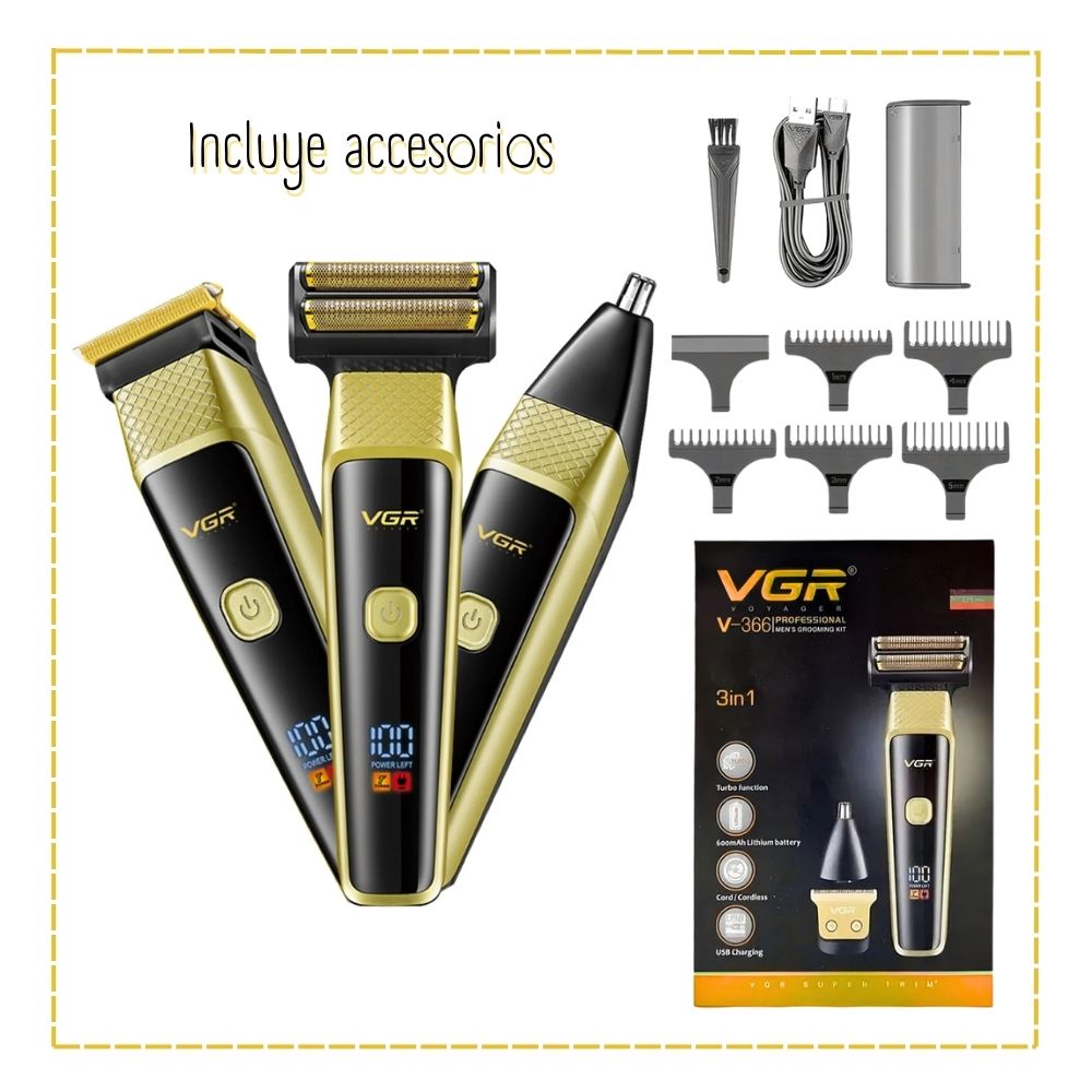 KIT CUIDADO PERSONAL MASCULINO 3 EN 1 VGR - V-366 DORADO - 2