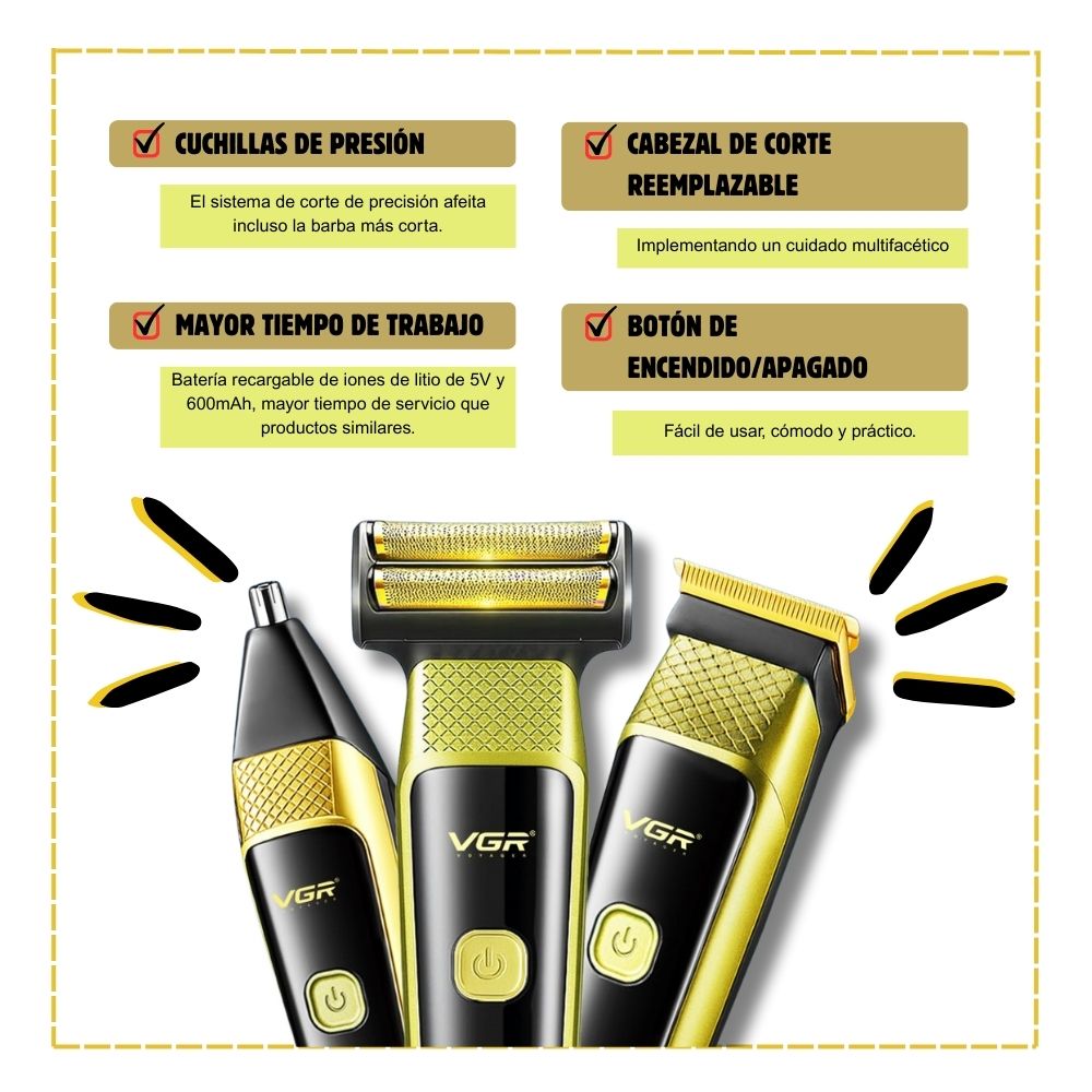 KIT CUIDADO PERSONAL MASCULINO 3 EN 1 VGR - V-366 DORADO - 6