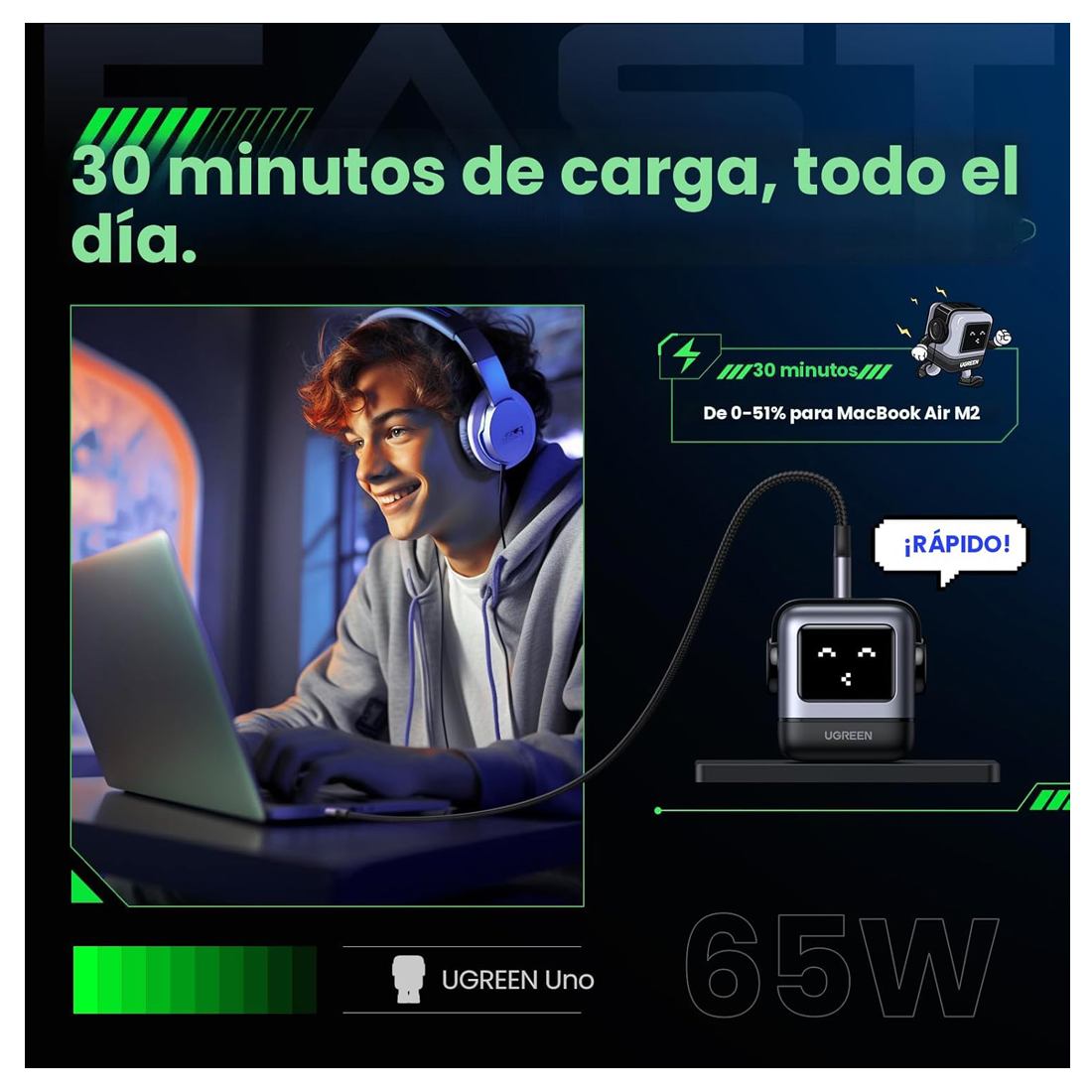 ADAPTADOR UGREEN UNO 65W 3-PUERTOS DE CARGA FAST CHARGE - 3