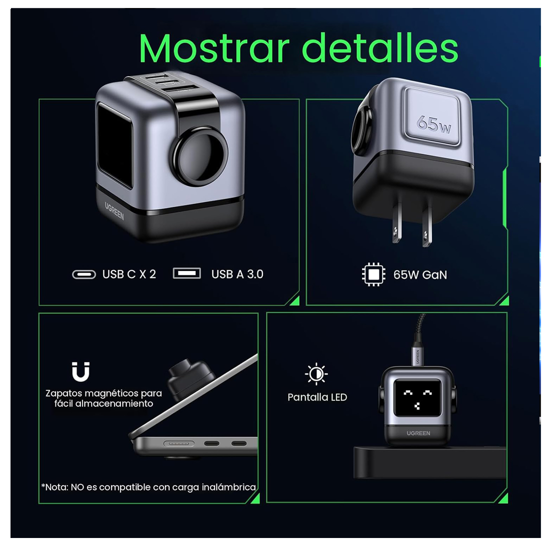 ADAPTADOR UGREEN UNO 65W 3-PUERTOS DE CARGA FAST CHARGE - 5