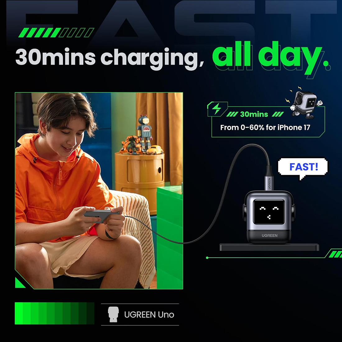 ADAPTADOR UGREEN UNO RG 30W 1 PUERTO DE CARGA USB-C FAST CHARGE - GRIS OSCURO - 4