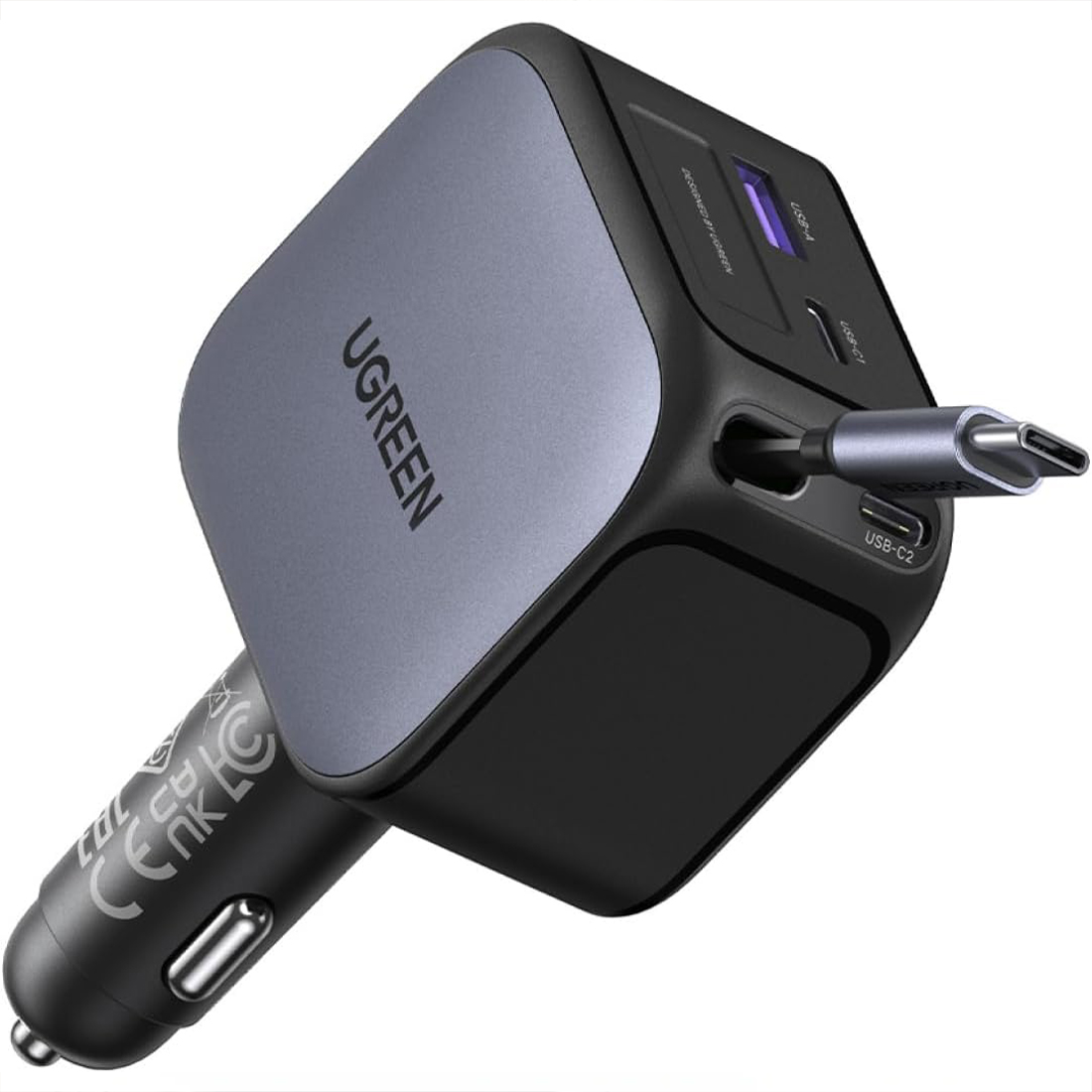 UGREEN CARGADOR DE CARRO CON CABLE RETACTIL DE 4 PUERTOS DE 145 W EC604 - GRIS OSCURO - 1