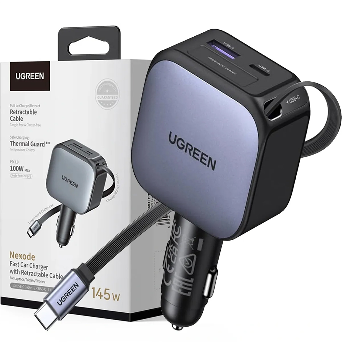 UGREEN CARGADOR DE CARRO CON CABLE RETACTIL DE 4 PUERTOS DE 145 W EC604 - GRIS OSCURO - 2