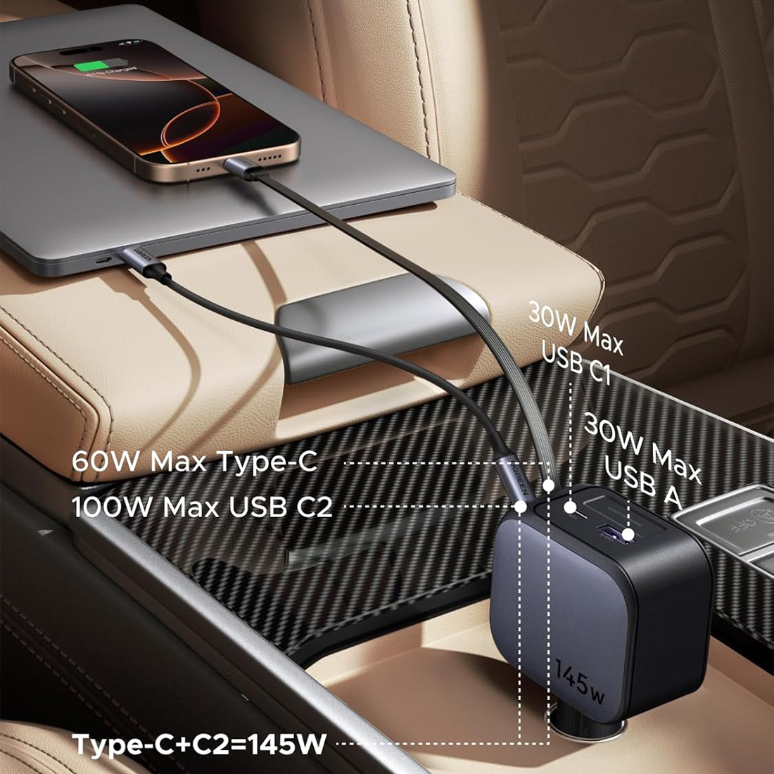 UGREEN CARGADOR DE CARRO CON CABLE RETACTIL DE 4 PUERTOS DE 145 W EC604 - GRIS OSCURO - 3