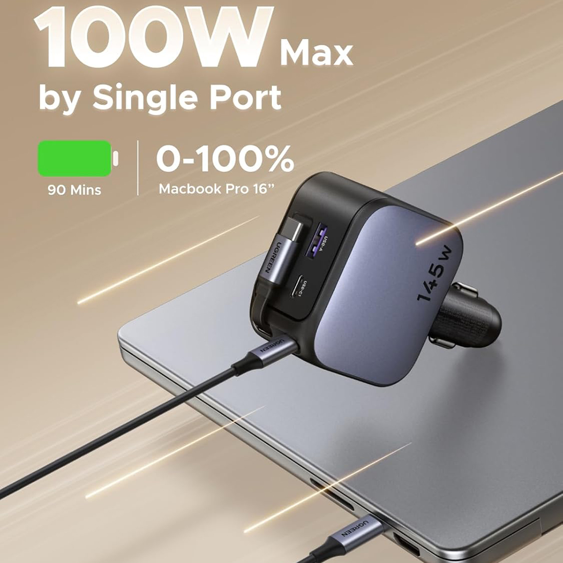 UGREEN CARGADOR DE CARRO CON CABLE RETACTIL DE 4 PUERTOS DE 145 W EC604 - GRIS OSCURO - 4