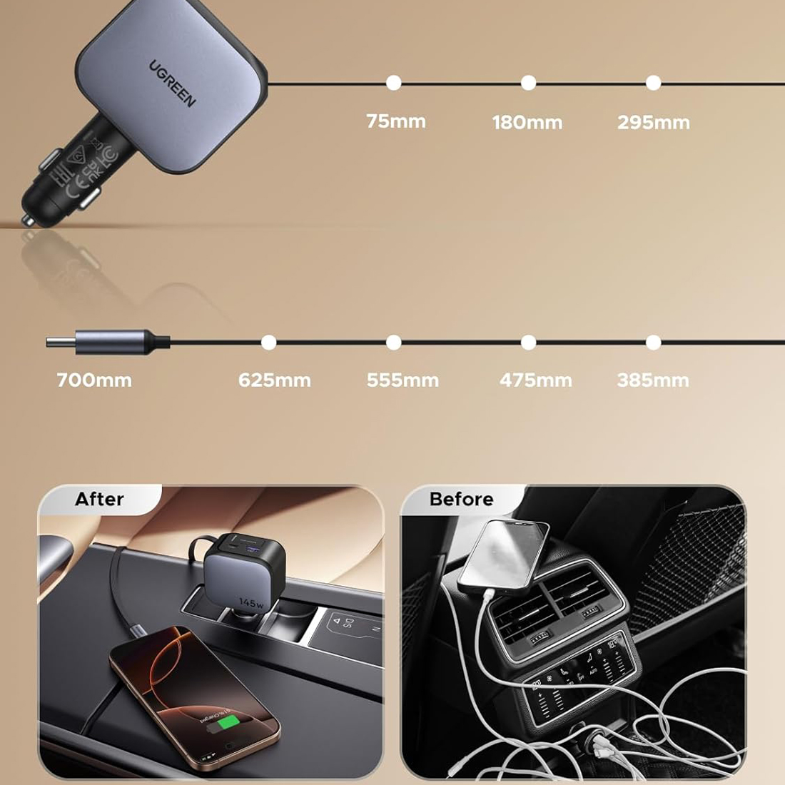 UGREEN CARGADOR DE CARRO CON CABLE RETACTIL DE 4 PUERTOS DE 145 W EC604 - GRIS OSCURO - 6