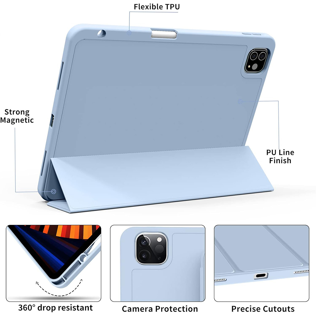 FUNDA CASE PROTECTOR DE LUJO CON SOPORTE DE LAPIZ PARA IPAD PRO 11' M1 M2  2020/2021/2022 - CELESTE - 6