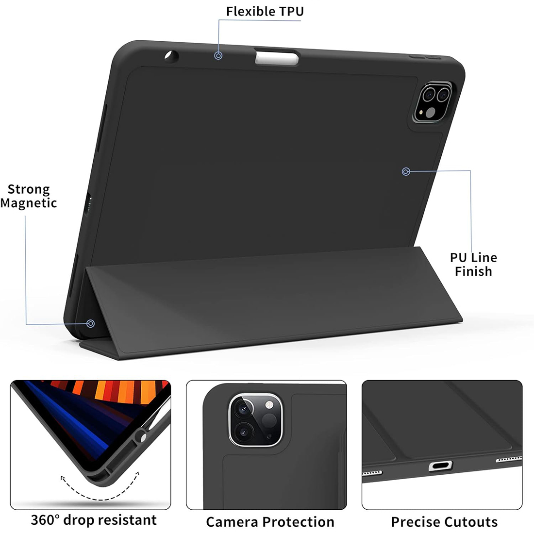 FUNDA CASE PROTECTOR DE LUJO CON SOPORTE DE LAPIZ PARA IPAD PRO 11' M1 M2  2020/2021/2022 - NEGRO - 6