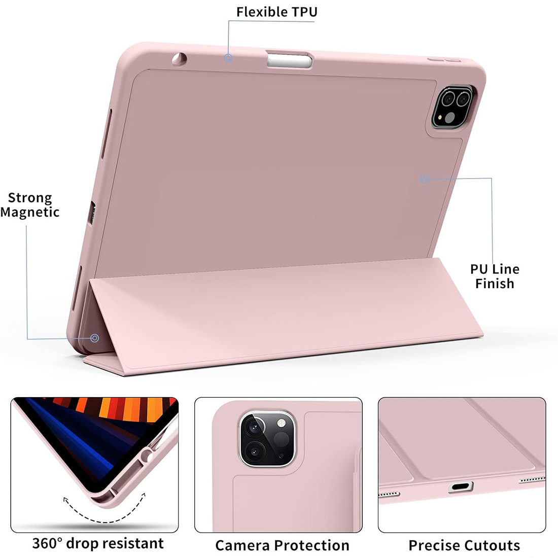 FUNDA CASE PROTECTOR DE LUJO CON SOPORTE DE LAPIZ PARA IPAD PRO 11' M1 M2 2020/2021/2022 - ROSADO - 6