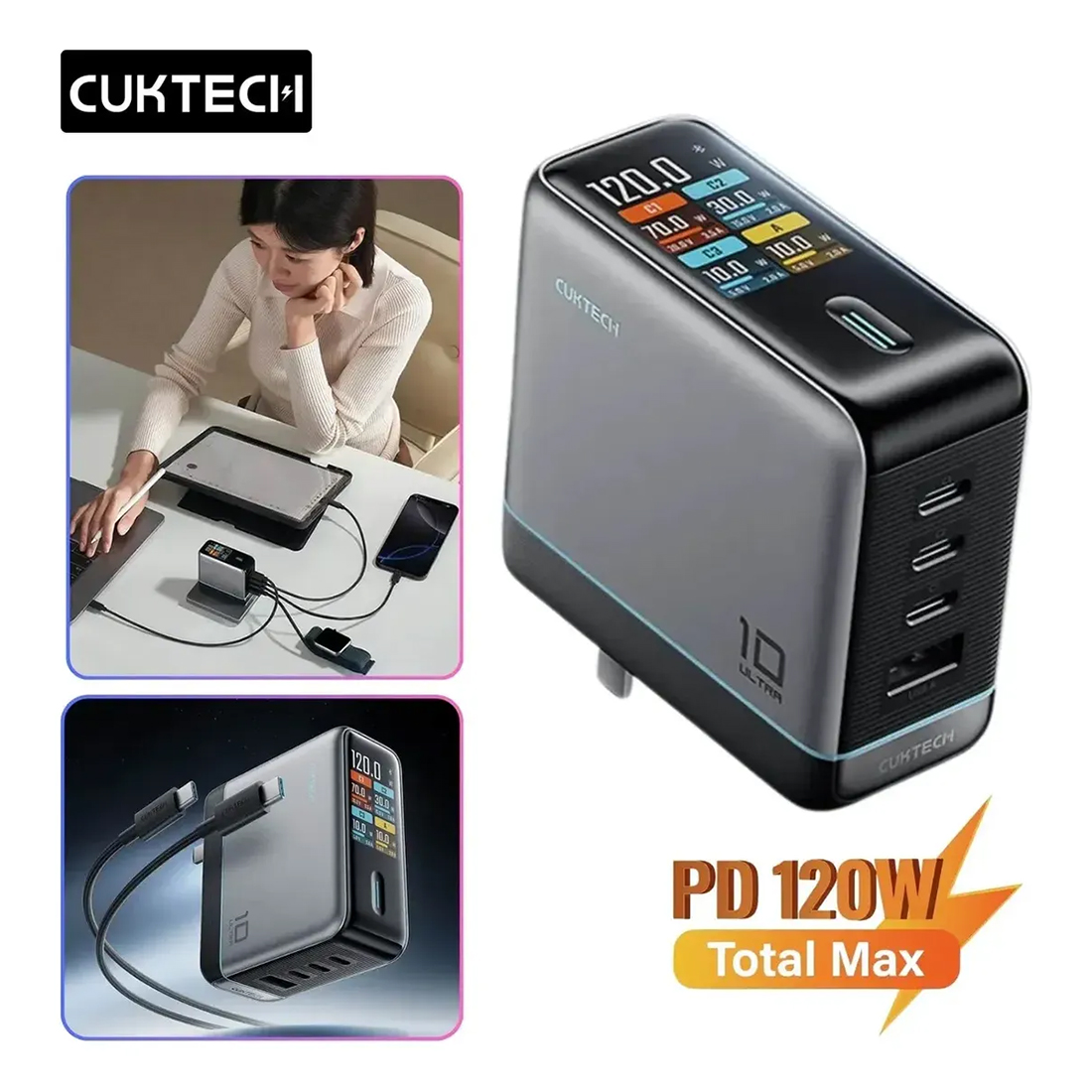 CARGADOR CUKTECH GAN CHARGER 120W 10 ULTRA AD1204U - 7