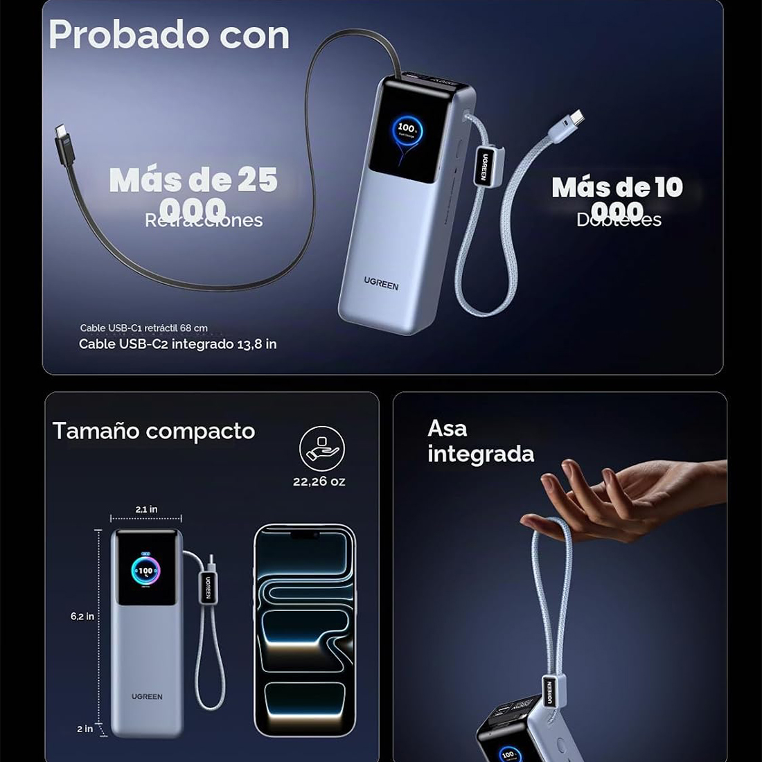 POWER BANK BATERIA EXTERNA UGREEN NEXODE PRO FAST CHARGING 2 CABLE USB C INTEGRADOS 25000MAH 200W MODPB728 - GRIS - 10