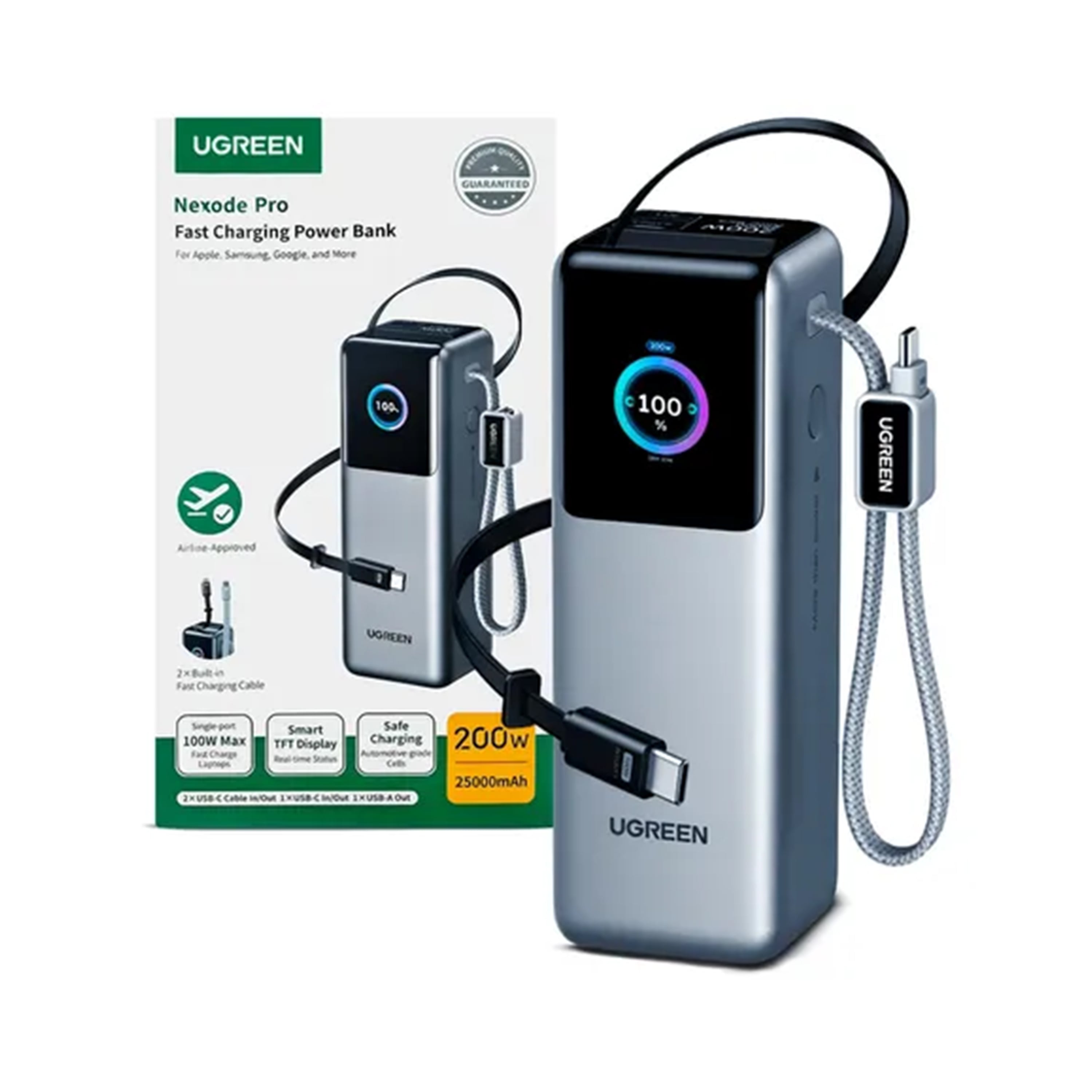 POWER BANK BATERIA EXTERNA UGREEN NEXODE PRO FAST CHARGING 2 CABLE USB C INTEGRADOS 25000MAH 200W MODPB728 - GRIS - 2