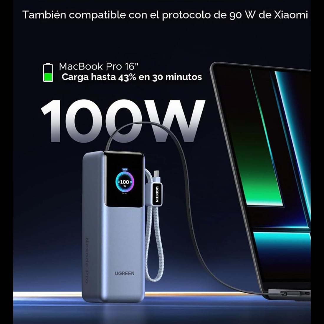 POWER BANK BATERIA EXTERNA UGREEN NEXODE PRO FAST CHARGING 2 CABLE USB C INTEGRADOS 25000MAH 200W MODPB728 - GRIS - 4