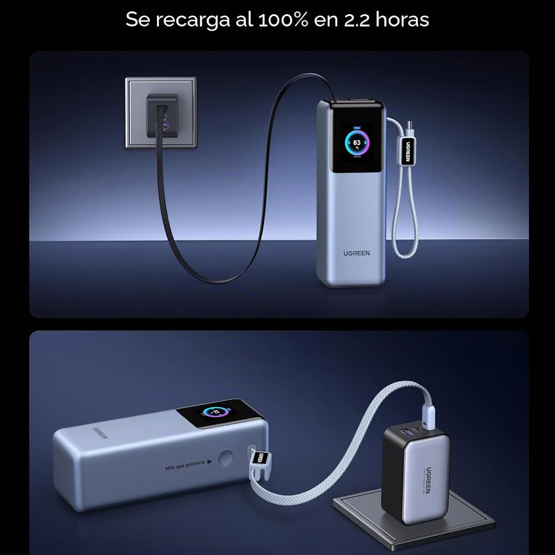 POWER BANK BATERIA EXTERNA UGREEN NEXODE PRO FAST CHARGING 2 CABLE USB C INTEGRADOS 25000MAH 200W MODPB728 - GRIS - 5