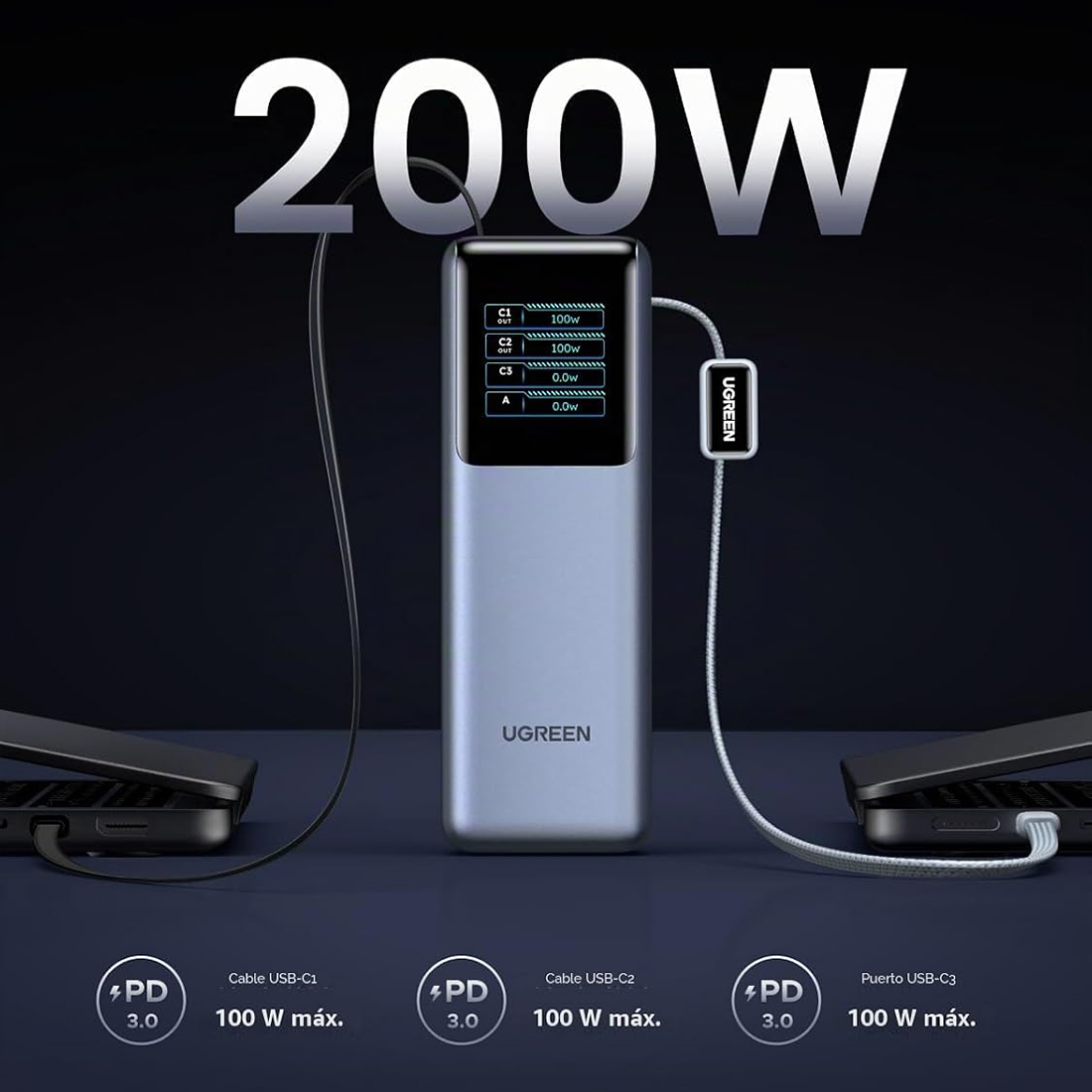 POWER BANK BATERIA EXTERNA UGREEN NEXODE PRO FAST CHARGING 2 CABLE USB C INTEGRADOS 25000MAH 200W MODPB728 - GRIS - 6