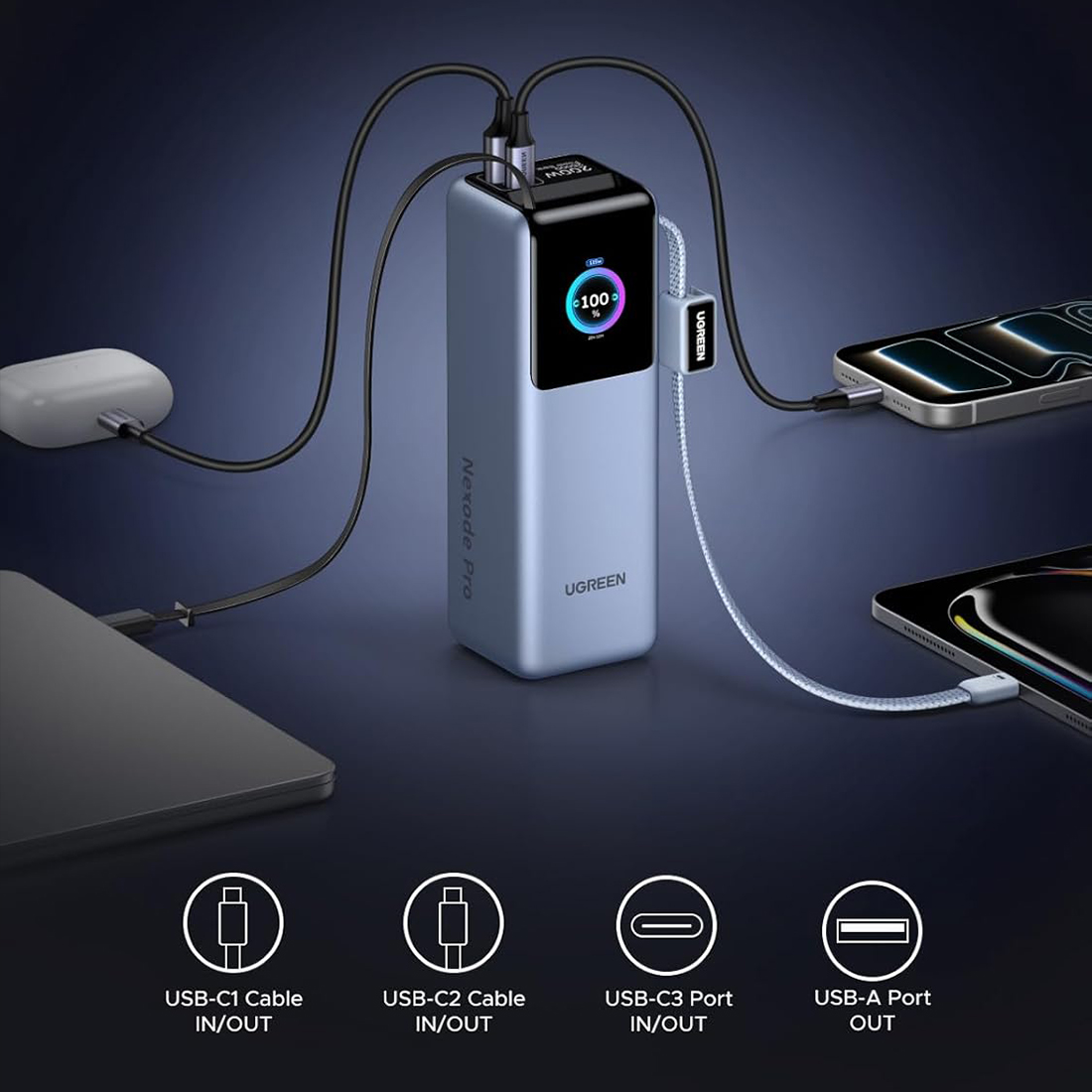 POWER BANK BATERIA EXTERNA UGREEN NEXODE PRO FAST CHARGING 2 CABLE USB C INTEGRADOS 25000MAH 200W MODPB728 - GRIS - 8