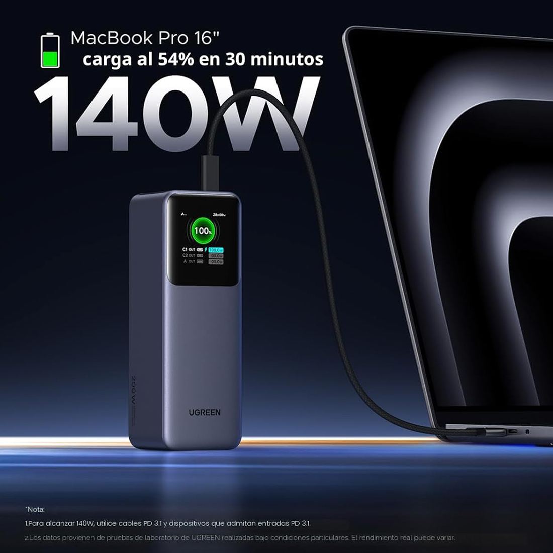 POWER BANK BATERIA EXTERNA UGREEN NEXODE FAST CHARGING 25000MAH 200W MODPB722 - GRIS OSCURO - 3