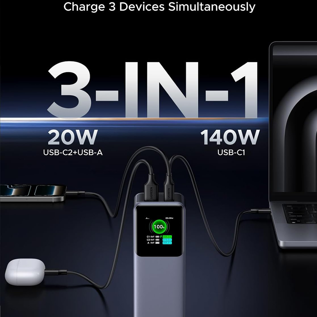 POWER BANK BATERIA EXTERNA UGREEN NEXODE FAST CHARGING 25000MAH 200W MODPB722 - GRIS OSCURO - 7