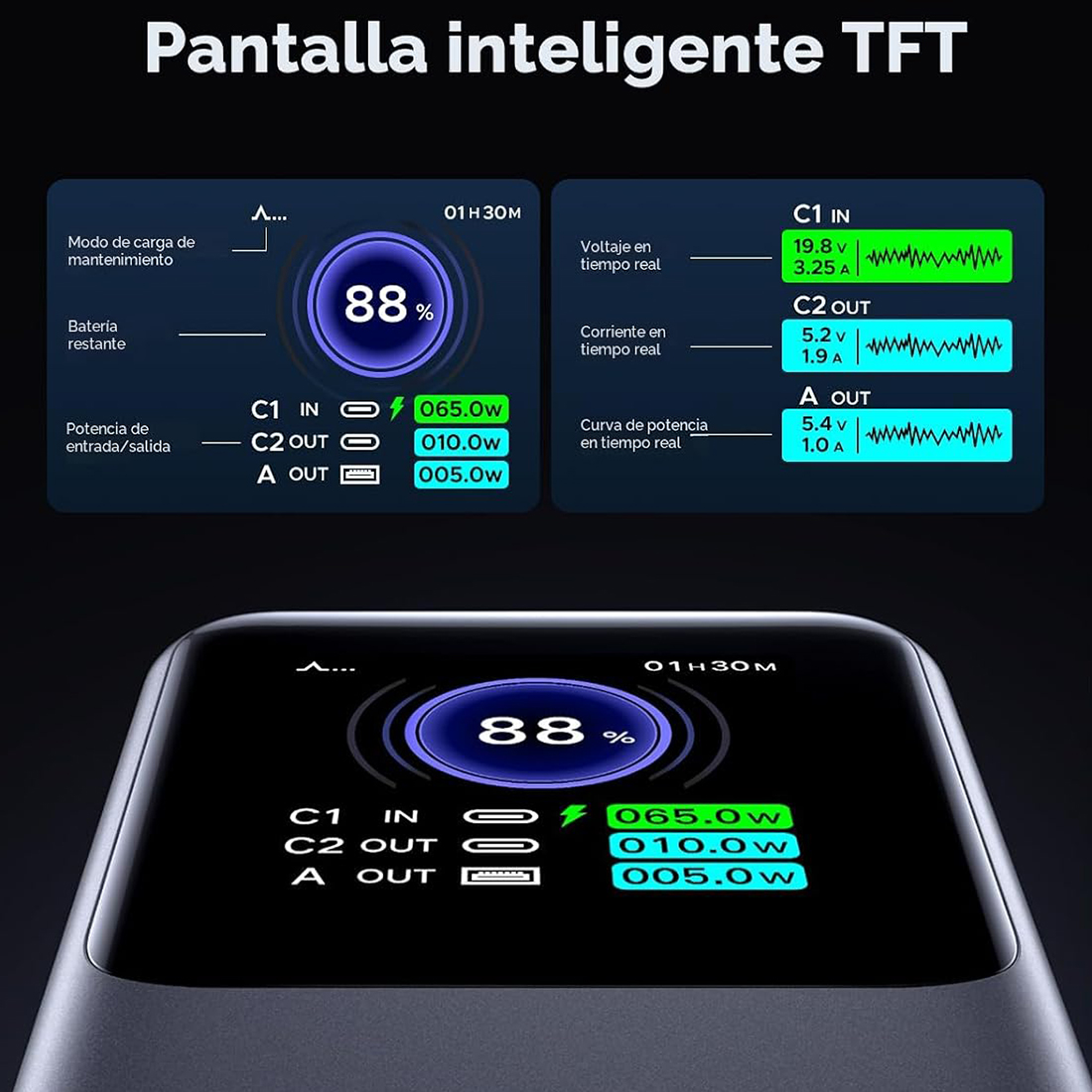 POWER BANK BATERIA EXTERNA UGREEN NEXODE FAST CHARGING 25000MAH 200W MODPB722 - GRIS OSCURO - 8