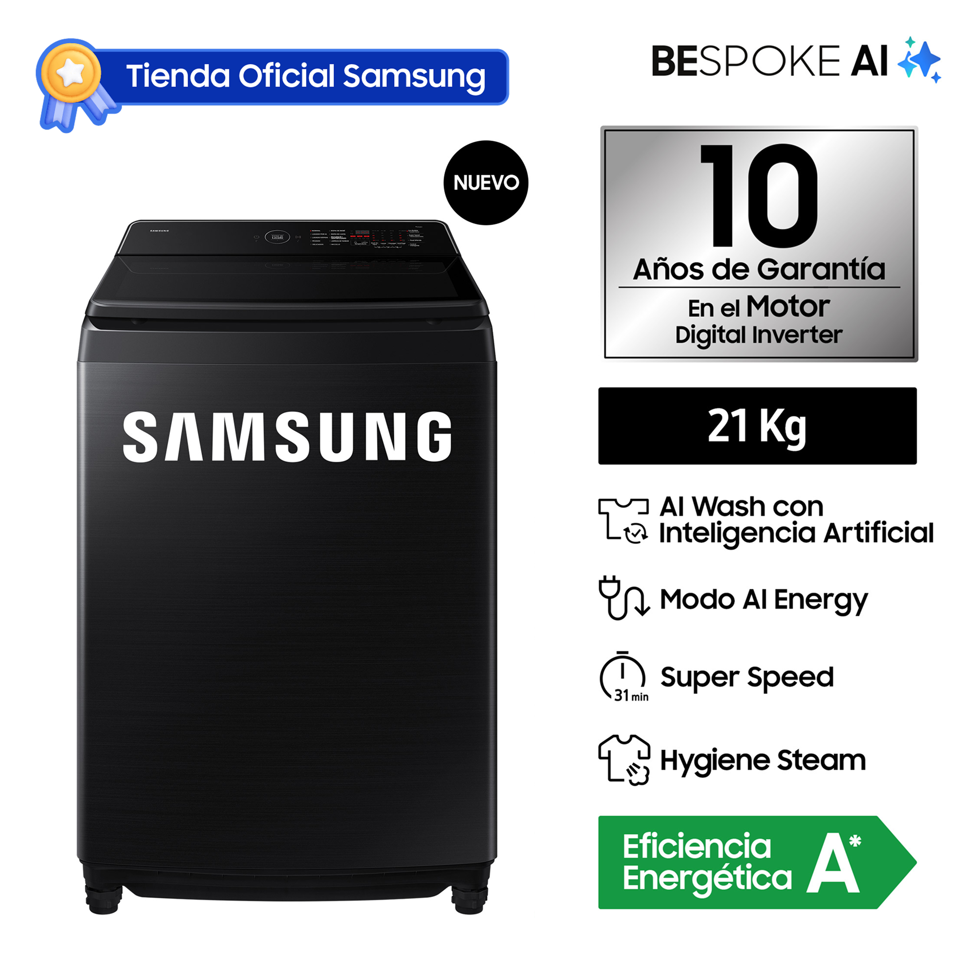 Lavadora Samsung Ai Wash Ecobubble 21Kg Black WA80F21B9BPE - 1