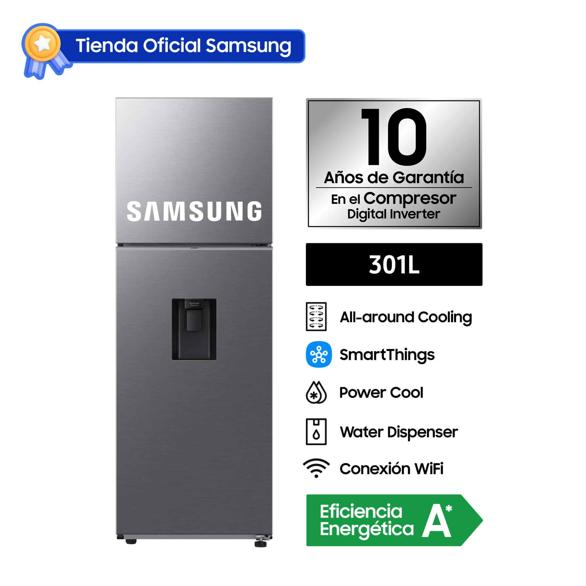REFRIGERADORA SAMSUNG TOP MOUNT FREEZER 301L SILVER C/DISP. RT31DG5220S9PE - 1