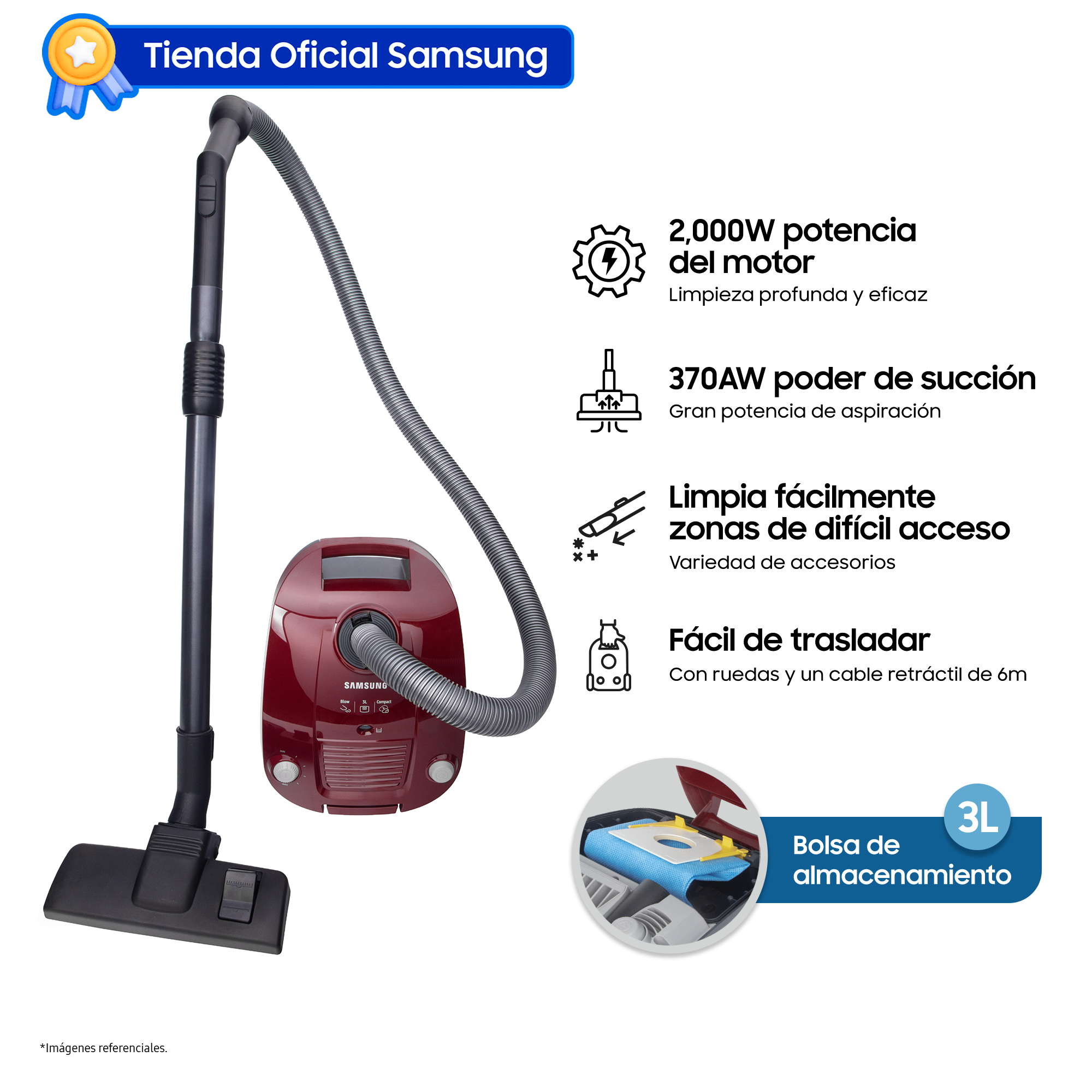 ASPIRADORA SAMSUNG 370W PODER DE SUCCIÓN RUBÍ VCC4190V3E/XZS - 1