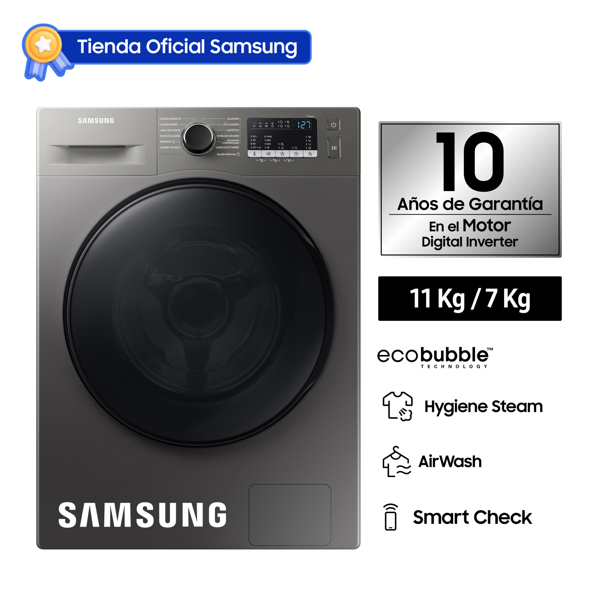 LAVASECA SAMSUNG ECOBUBBLE AIRWASH 11 KG/7 KG GRAY WD11T4046BX/PE - 1
