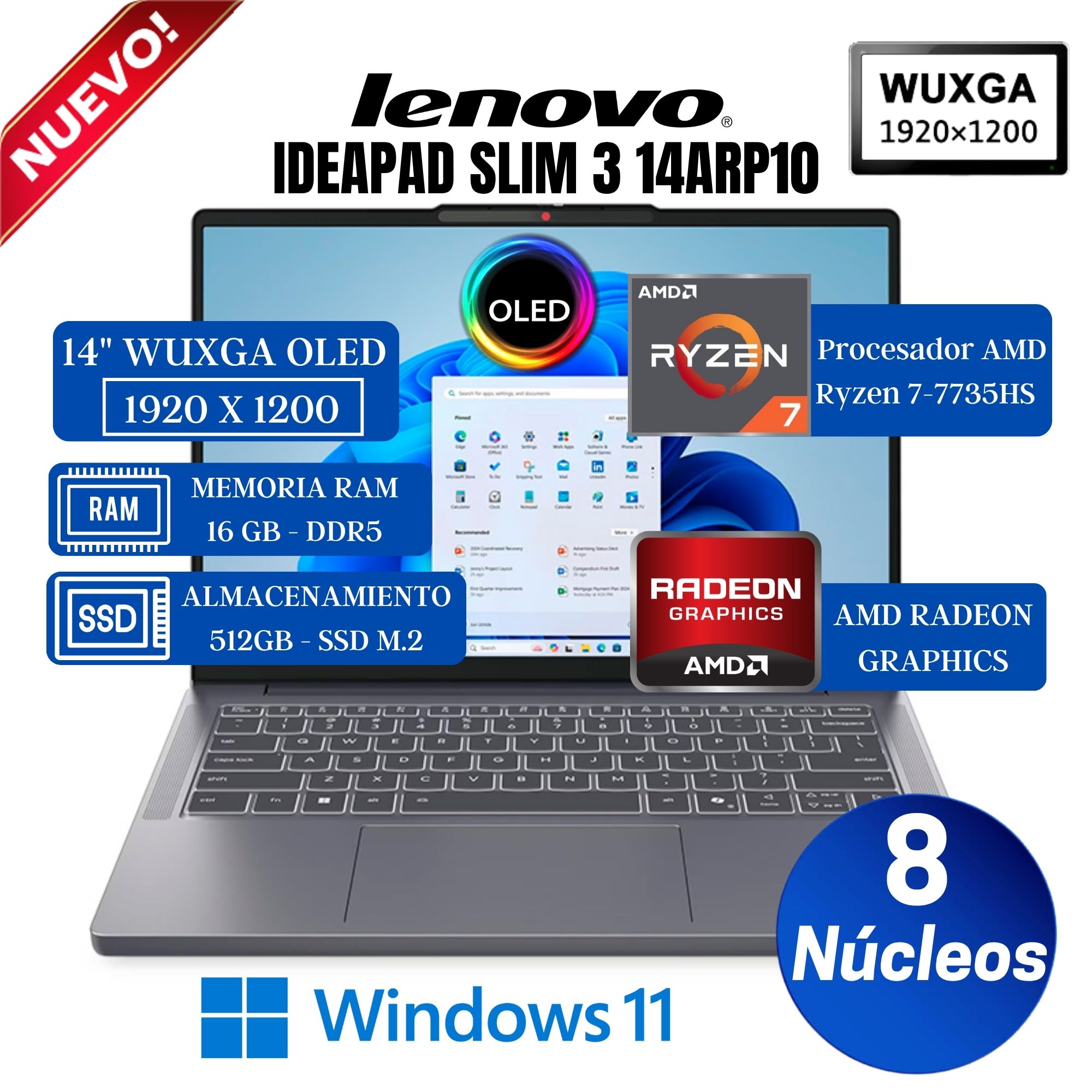 LAPTOP LENOVO IDEAPAD SLIM 3 14ARP10 14″ WUXGA OLED, RYZEN 7-7735HS, RAM 16GB,SSD 512GB WIN 11 HOME - 1