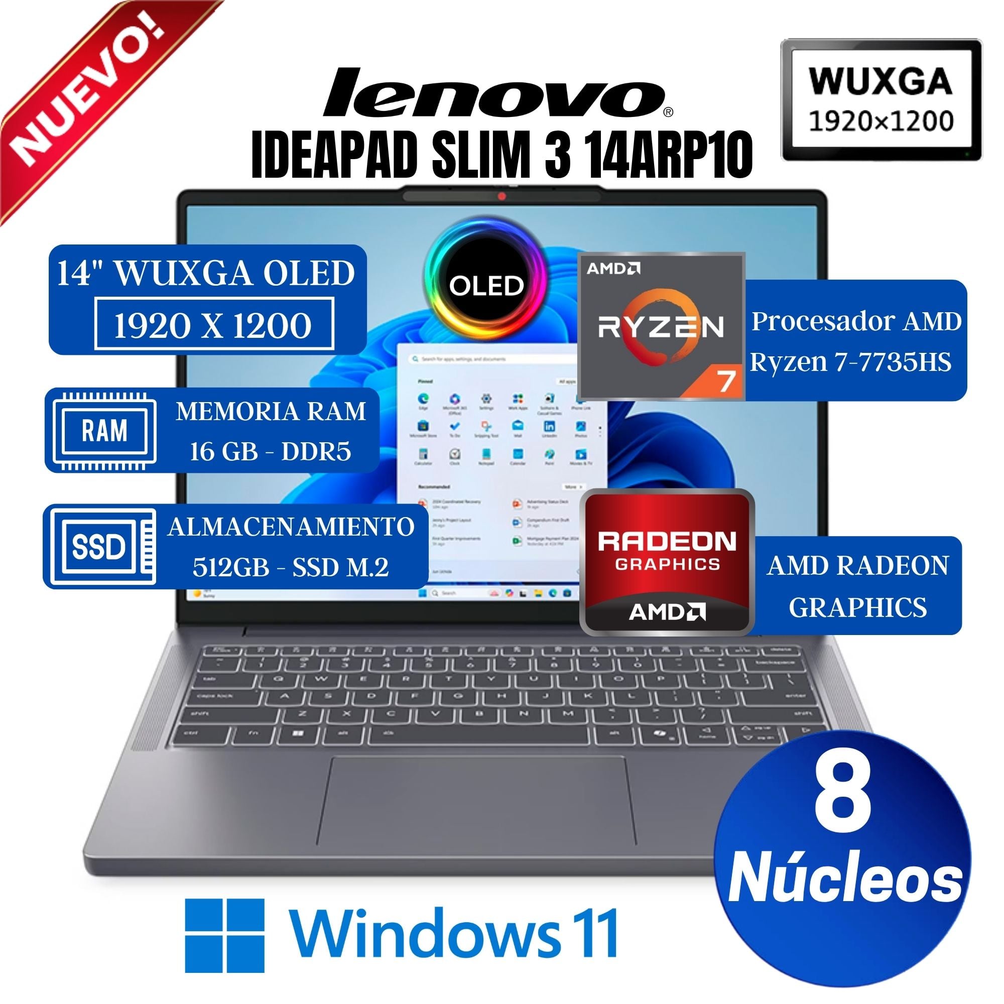 LAPTOP LENOVO IDEAPAD SLIM 3 14ARP10 14' OLED WUXGA, RYZEN 7-7735HS, RAM 16 GB, SSD 512 GB, WIN 11 HOME - 1