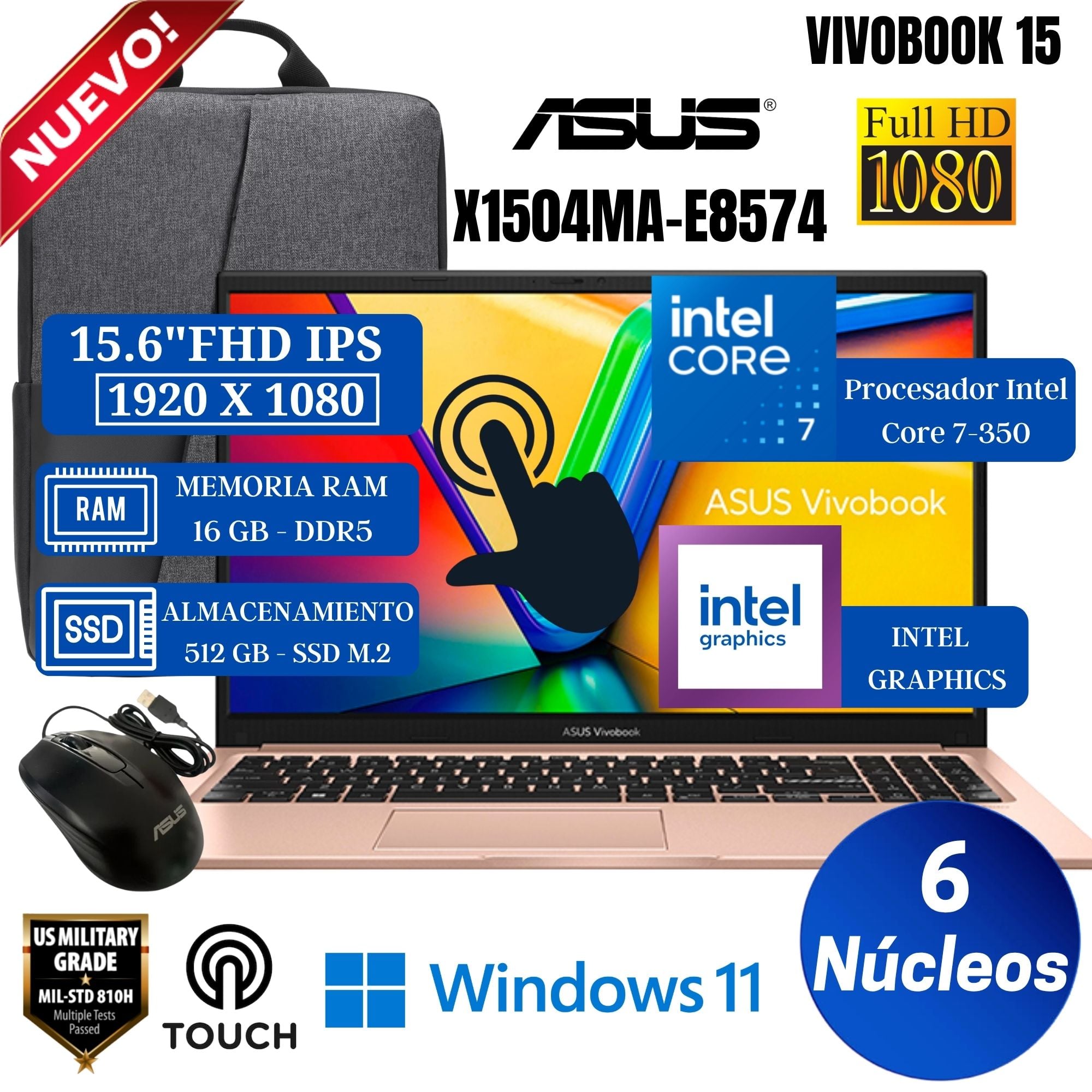 LAPTOP ASUS VIVOBOOK 15 X1504MA-E8574 15.6' FHD TOUCH, INTEL CORE 7-350, RAM 16GB, SSD 512GB, WIN 11 - 1