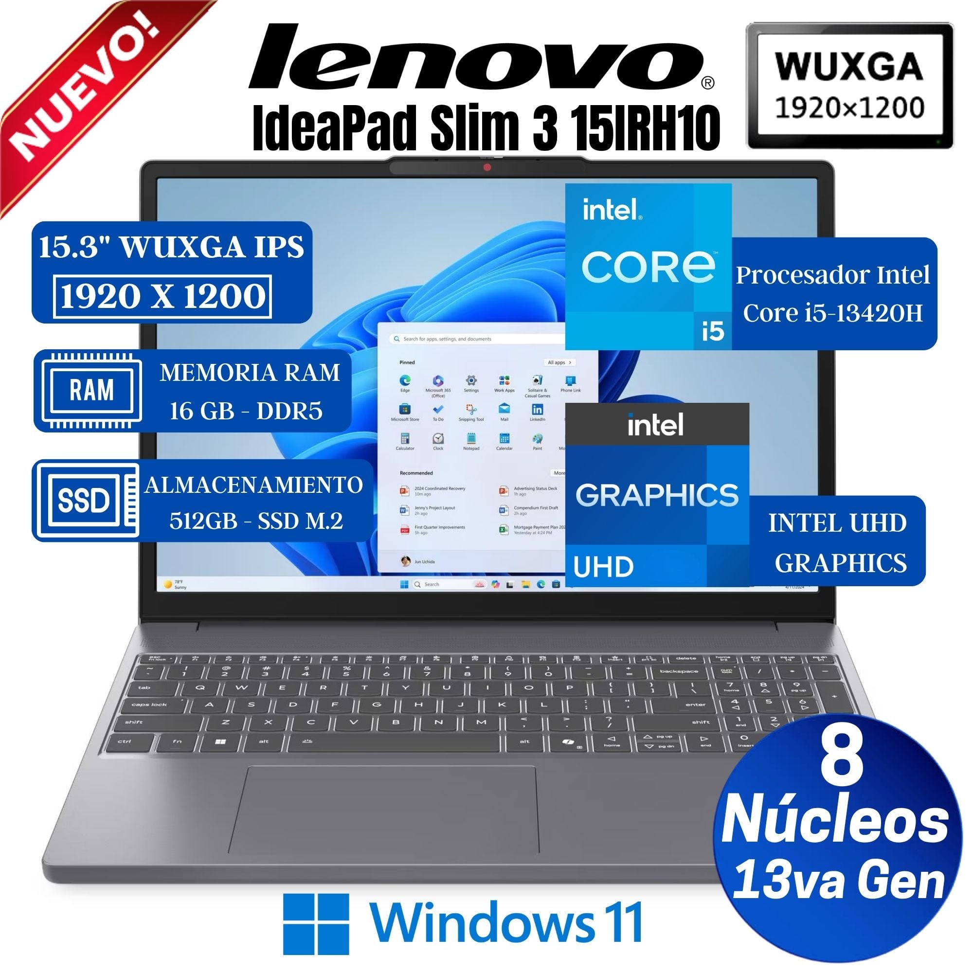 LAPTOP LENOVO IDEAPAD SLIM 3 15IRH10 15.3' WUXGA IPS, CORE I5-13420H, RAM 16GB, SSD 512GB, WIN 11 - 1