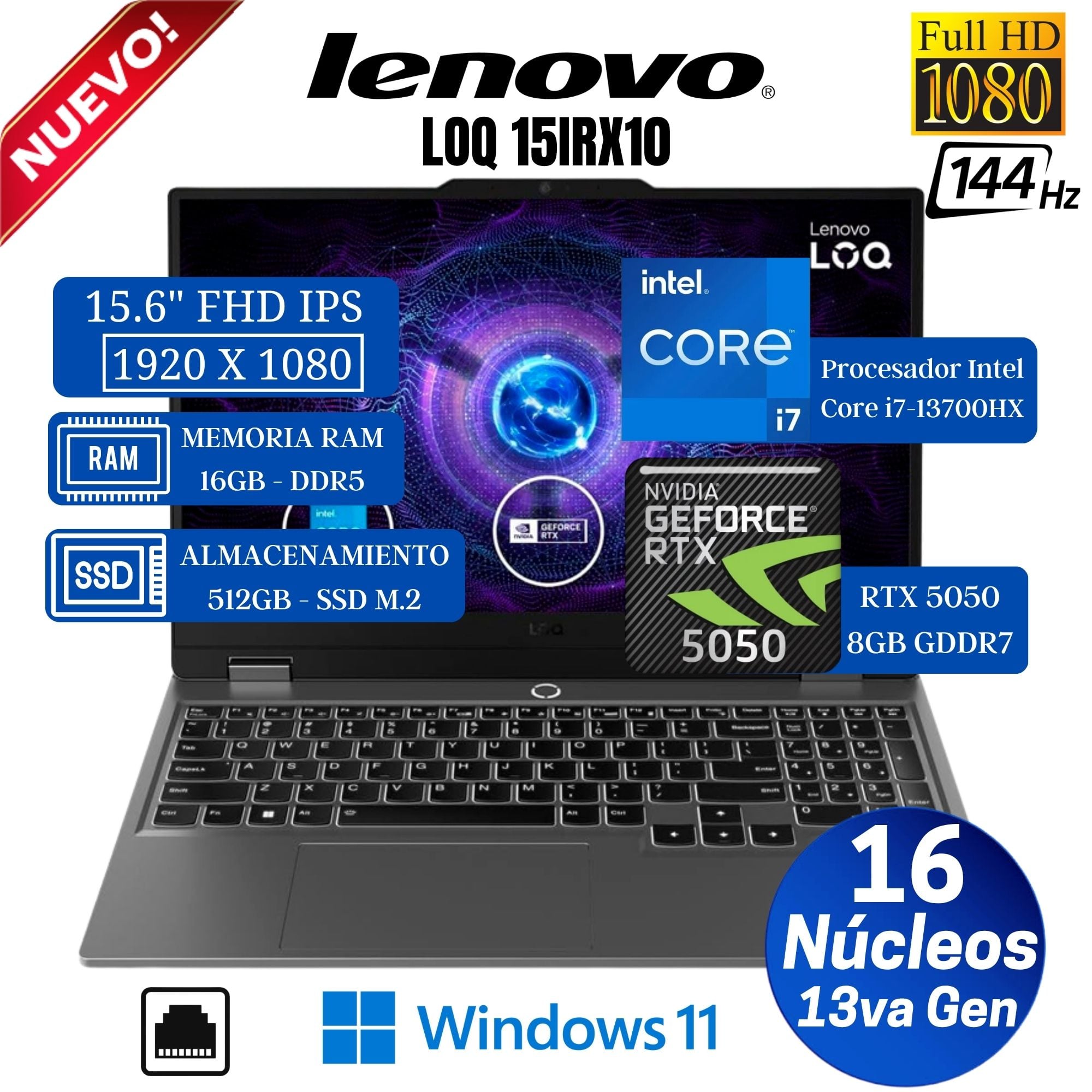 LAPTOP LENOVO LOQ 15IRX10 15.6' FHD IPS, CORE I7-13700HX, RAM 16GB, SSD 512GB, RTX 5050 8GB, WIN 11 - 1