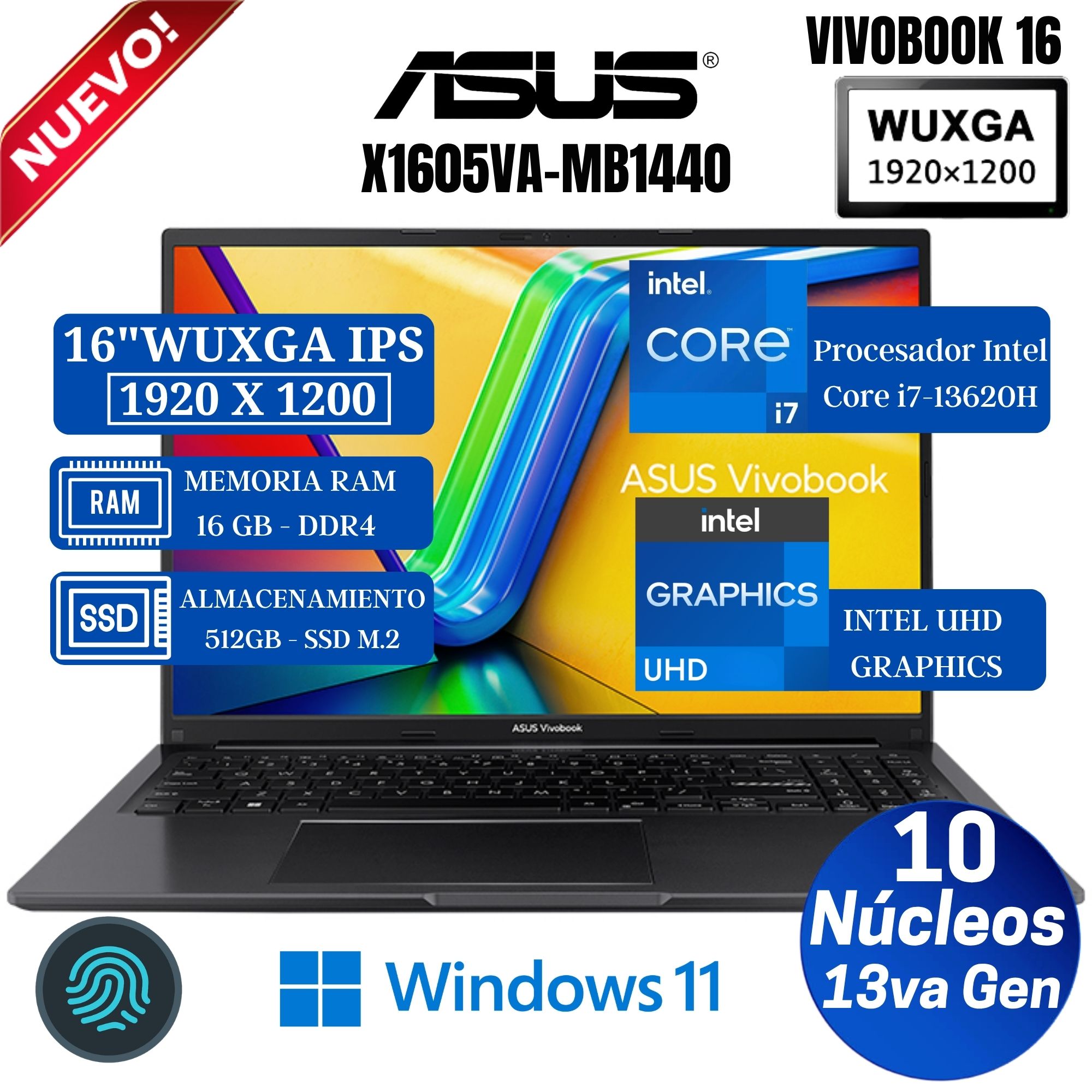 LAPTOP ASUS VIVOBOOK X1605VA-MB1440 16' WUXGA IPS, CORE I7-13620H, RAM 16GB, SSD 512GB, WIN 11 PRO - 1