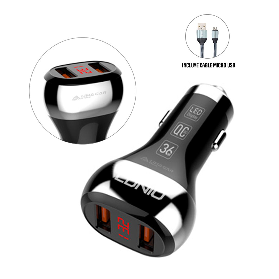 CARGADOR AUTO USB 36W CON MEDIDOR VOLTAJE BATERÍA + CABLE MICRO USB - 1