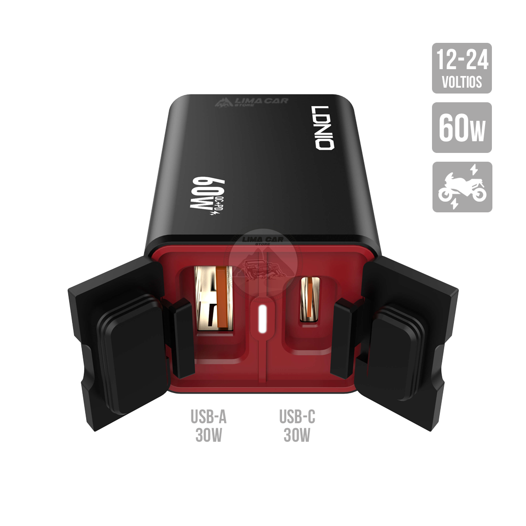 CARGADOR UNIVERSAL PARA MOTOCICLETA 60W 2 PUERTOS USB/C LDNIO - 2