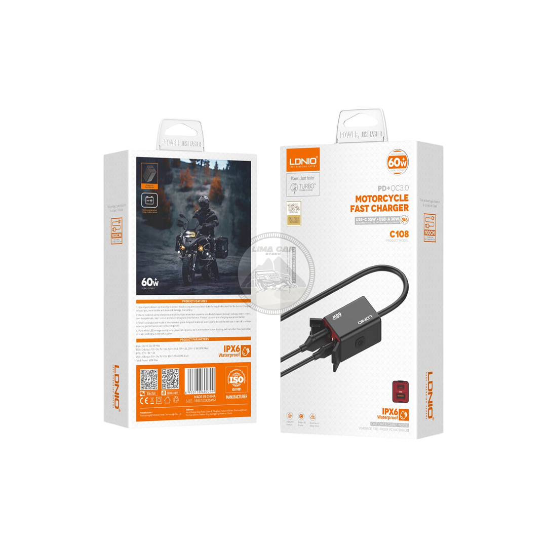 CARGADOR UNIVERSAL PARA MOTOCICLETA 60W 2 PUERTOS USB/C LDNIO - 7