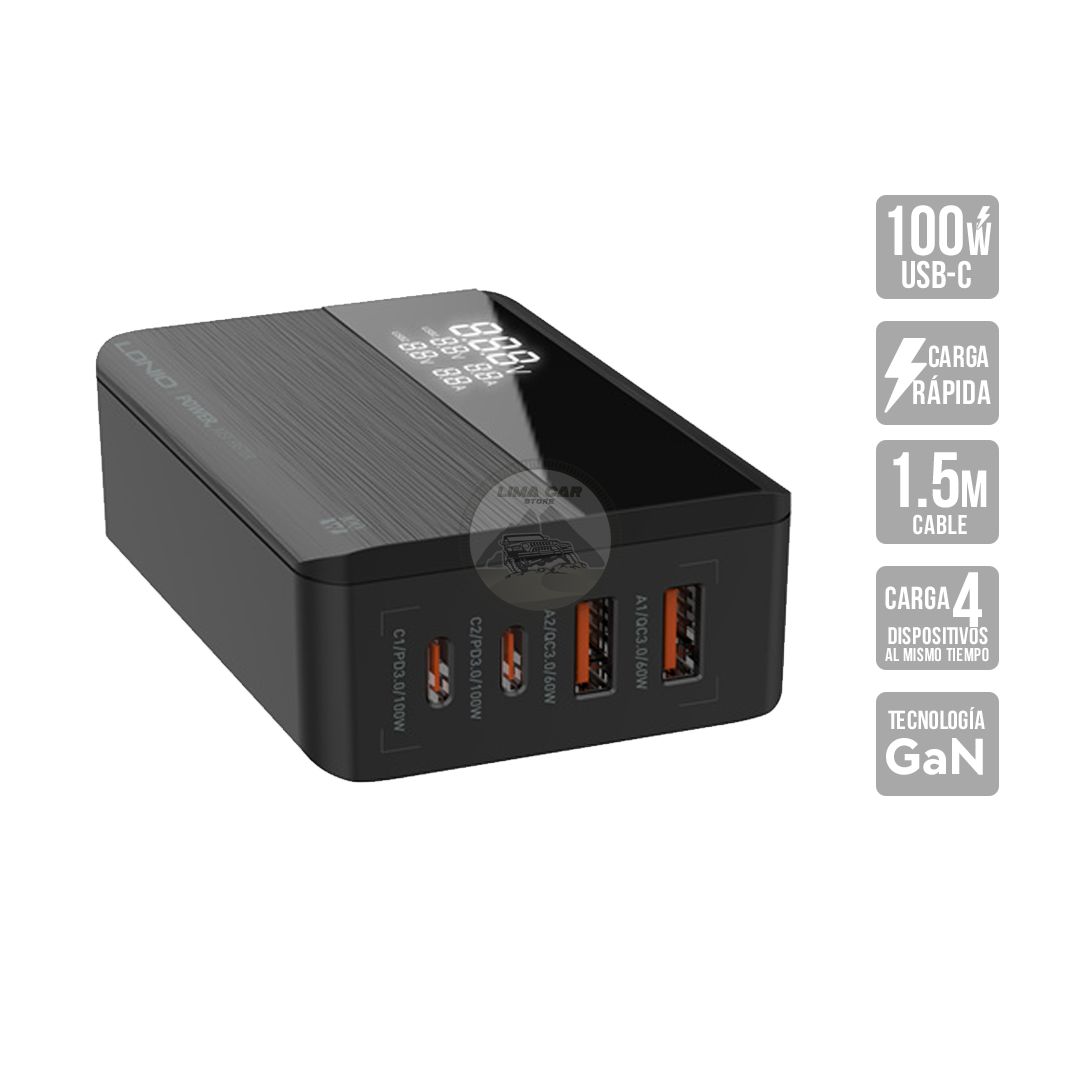 CARGADOR MULTIDISPOSITIVO GAN 100W CARGA RÁPIDA 2 USB + 2 TIPO C PD - 1