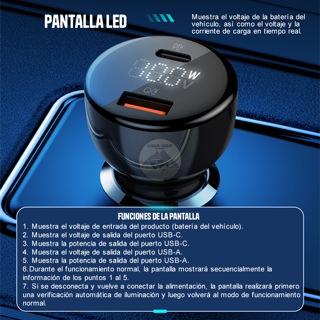 CARGADOR PARA AUTO 100W USB/TIPO C CARGA RÁPIDA LDNIO C101 - 3