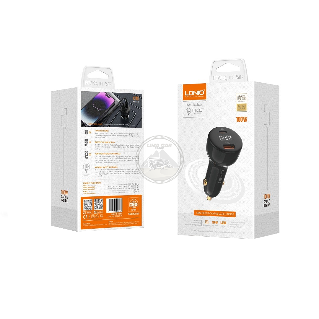 CARGADOR PARA AUTO 100W USB/TIPO C CARGA RÁPIDA LDNIO C101 - 6