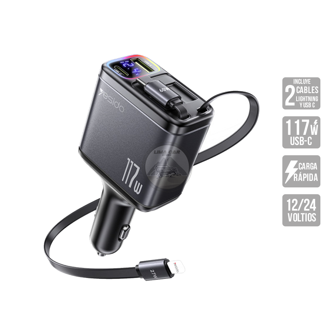 CARGADOR PARA AUTO 117W USB/USB-C LIGHTNING 4 EN 1 RETRÁCTIL MEDIDOR DE VOLTAJE - 1