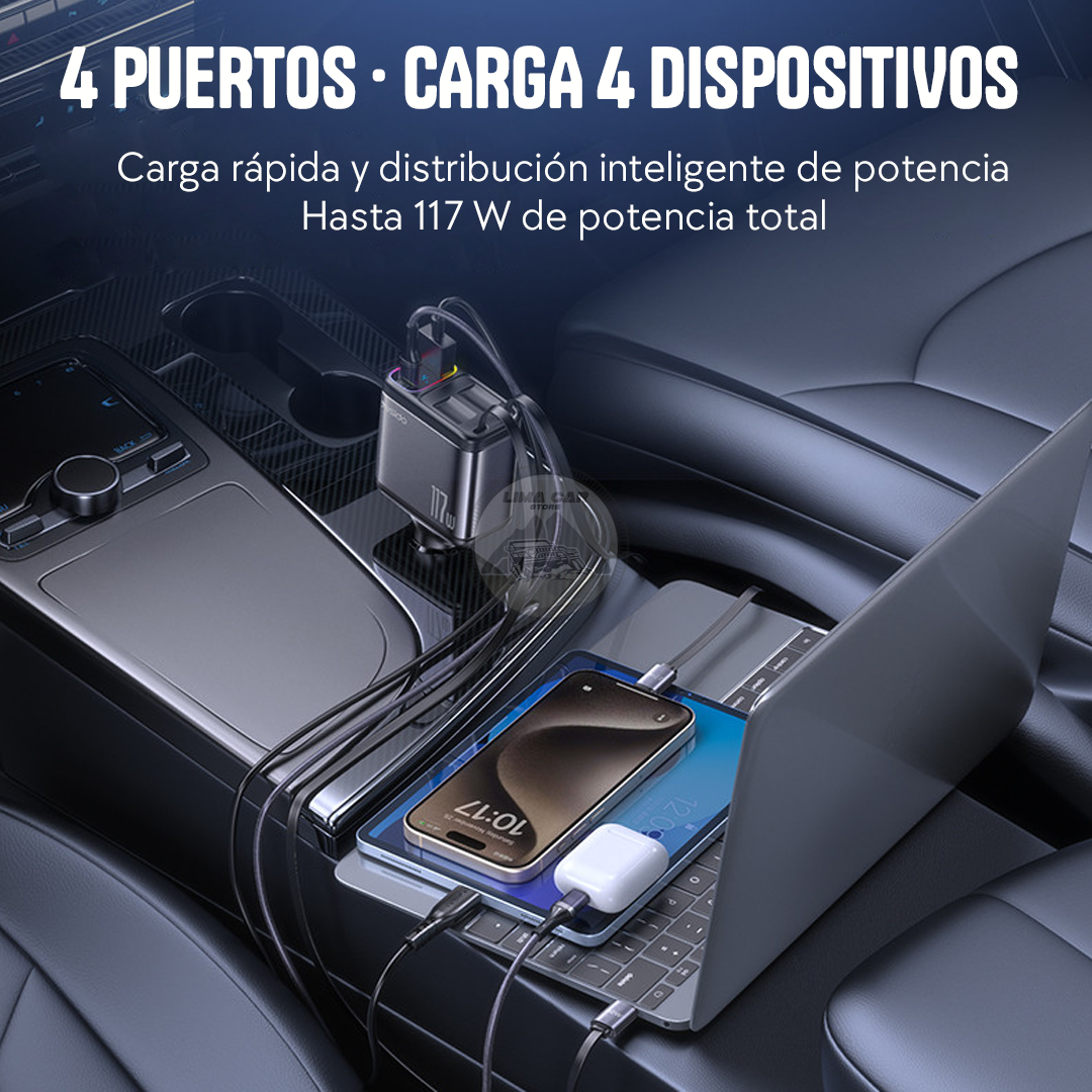 CARGADOR PARA AUTO 117W USB/USB-C LIGHTNING 4 EN 1 RETRÁCTIL MEDIDOR DE VOLTAJE - 2