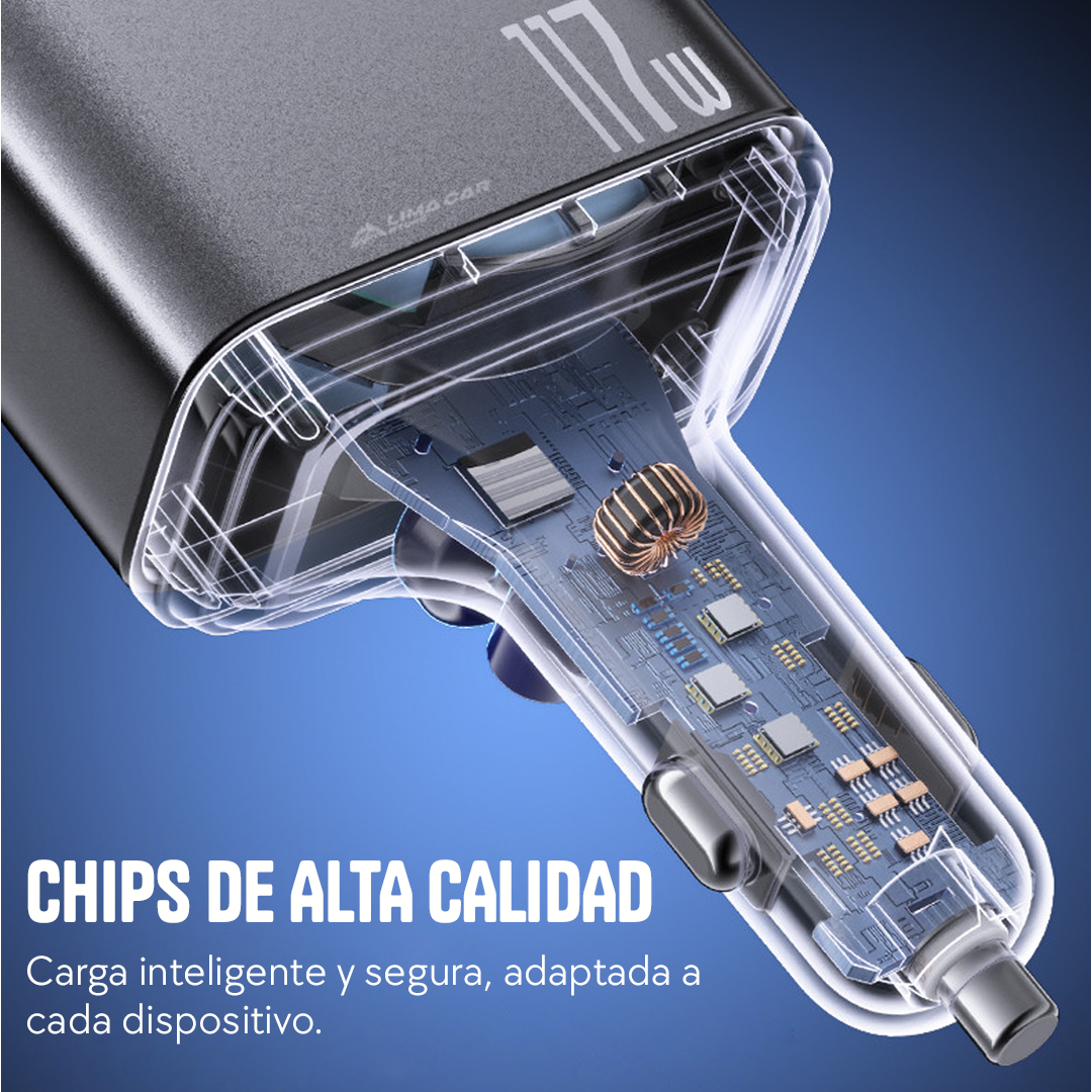 CARGADOR PARA AUTO 117W USB/USB-C LIGHTNING 4 EN 1 RETRÁCTIL MEDIDOR DE VOLTAJE - 5